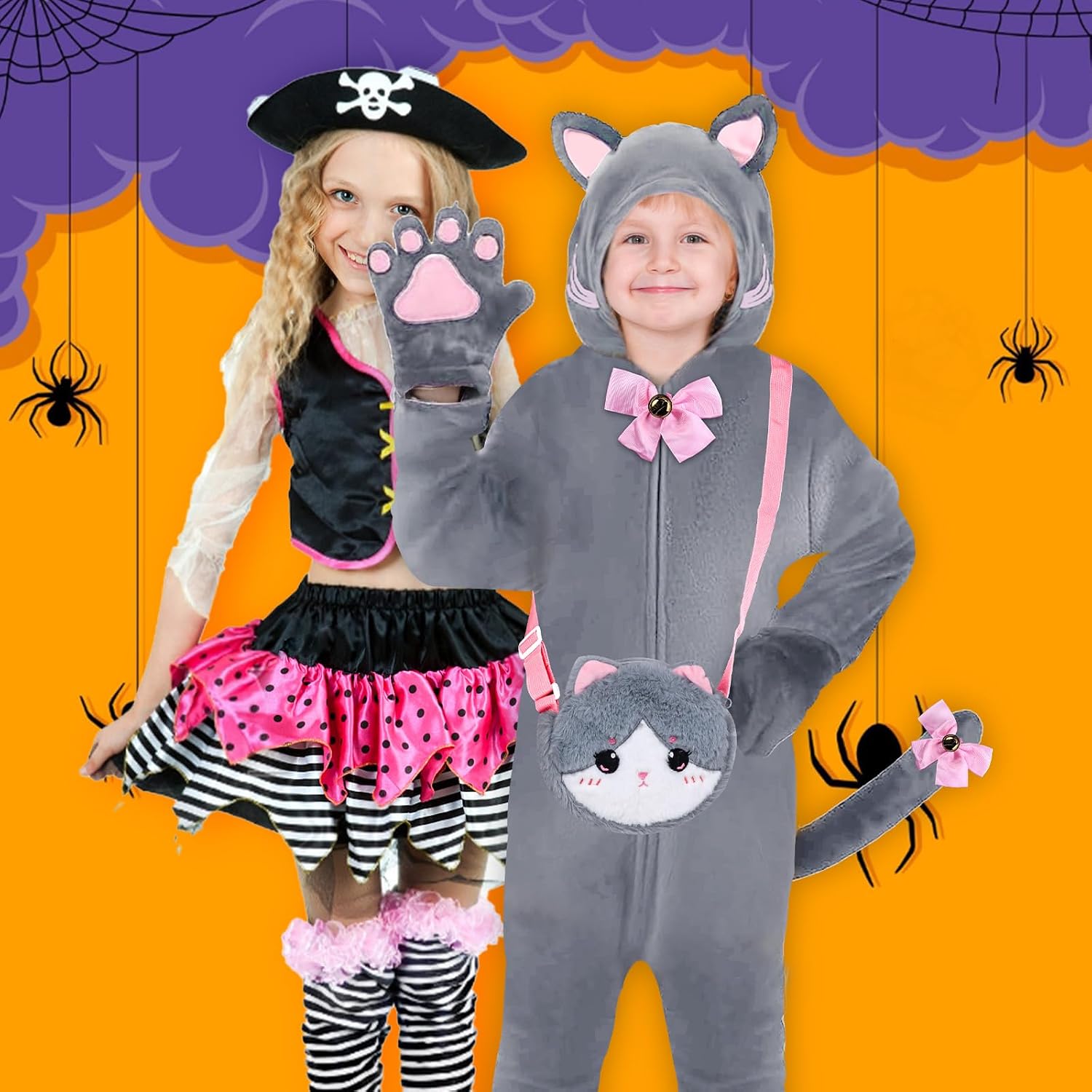 Detalle 2 de Gifts2U Halloween Cat Costume for Girls, 5–6 Years, Flannel Onesie & Bag