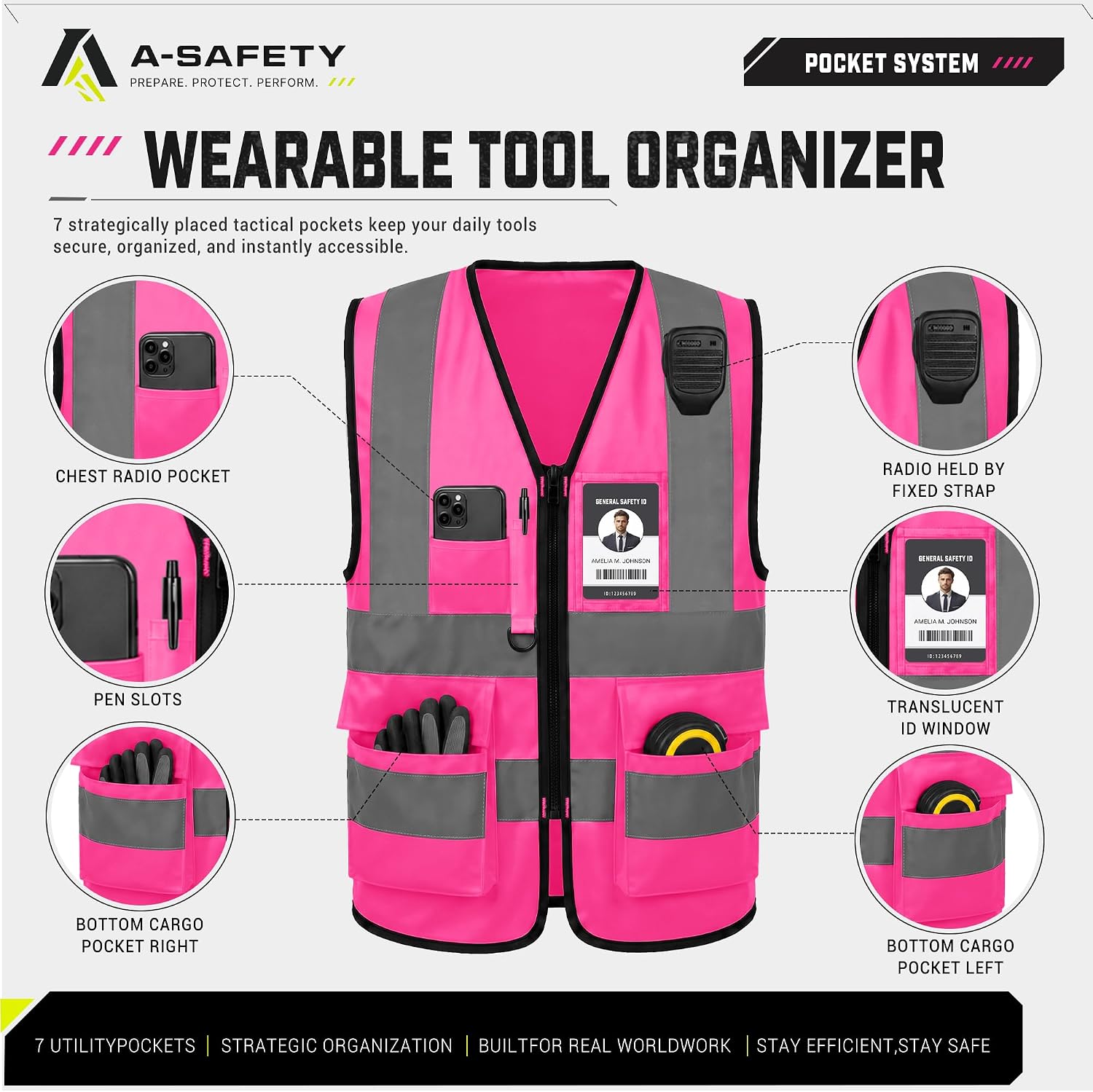 Detalle de A-SAFETY Pink Medium Reflective Safety Vest with 7 Pockets and Radio Mic Loop