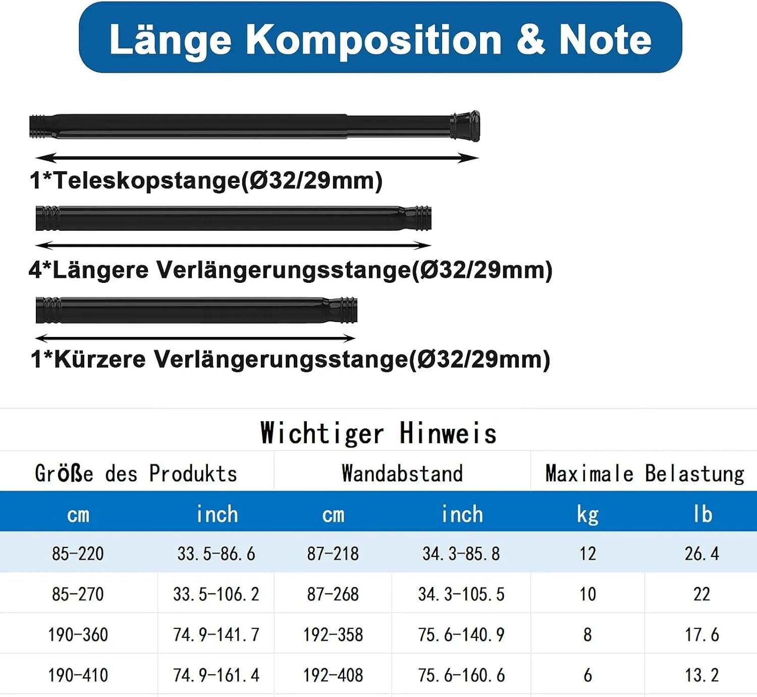 Detalle 2 de Aiitomg Duschstange ohne Bohren – Extra Länge, ausziehbar 85–220 cm, Φ32 mm, weiß
