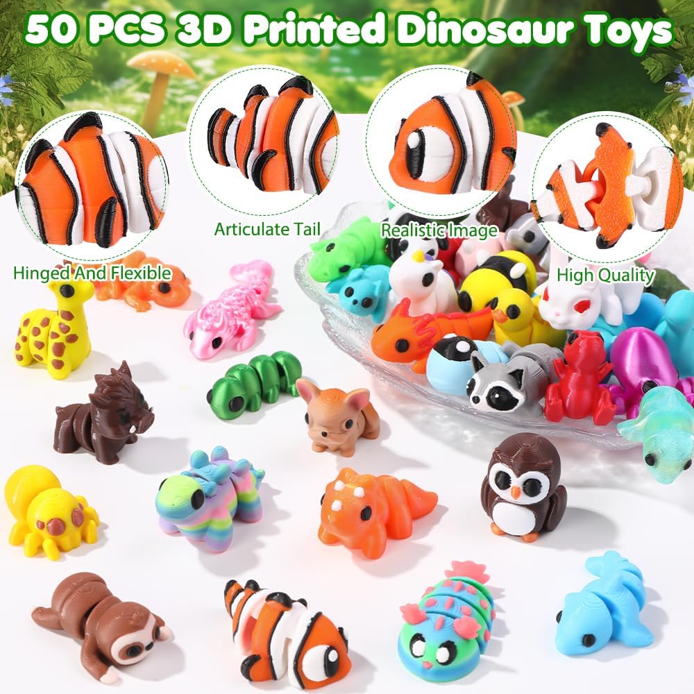 Detalle de Celltestria 50Pcs Mini 3D Printed Animals – Flexible, Colorful Kids' Tiny Figurines