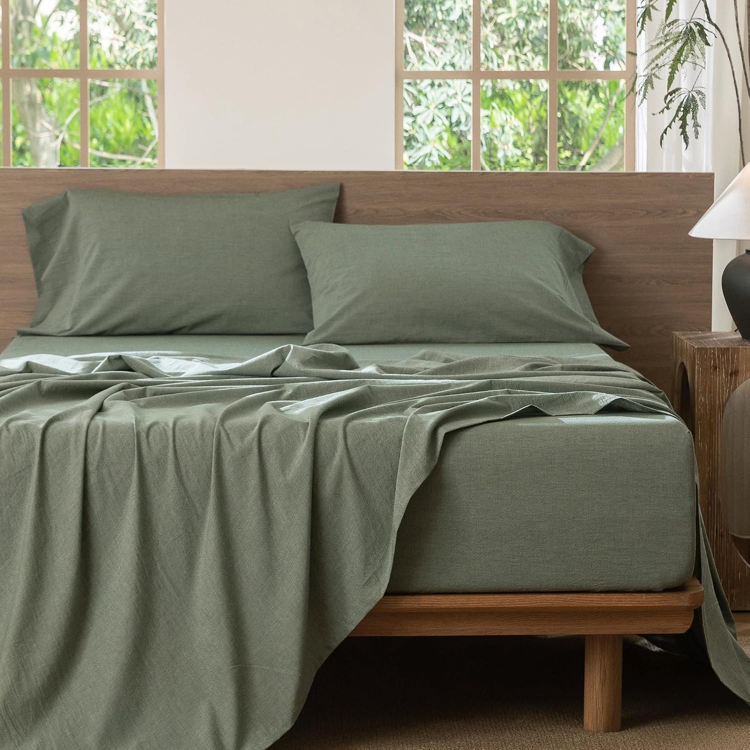 Detalle de MooMee Bedding Sheet Set (King) 100% Washed Cotton Linen-Like Texture in Heathered Green