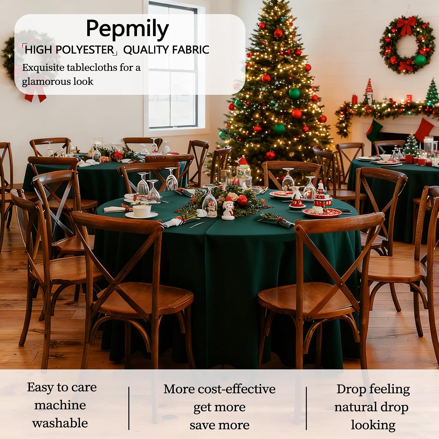 Thumbnail 2 de pepmily 8-Pack 90-Inch Dark Green Round Tablecloths (Hunter Green)