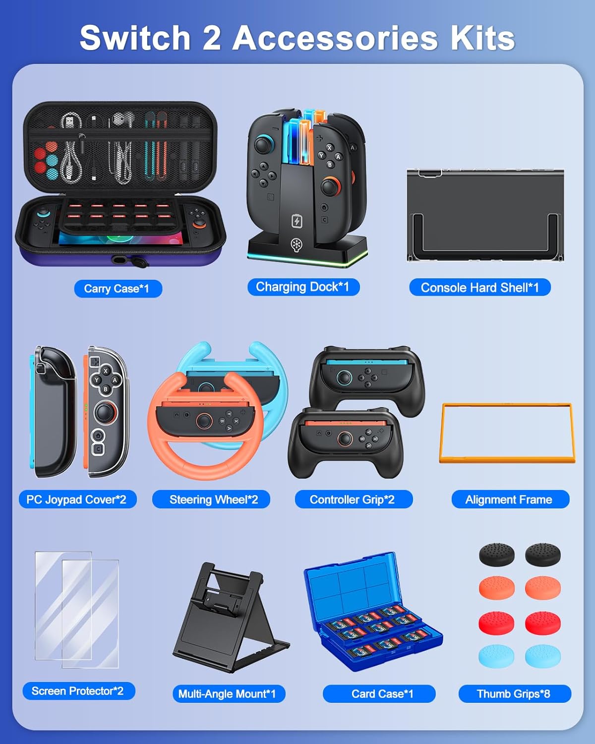 Thumbnail 1 de FYOUNG Switch 2 Accessories Case Bundle (23-in-1 kit) with charging dock and protective shells – Blue