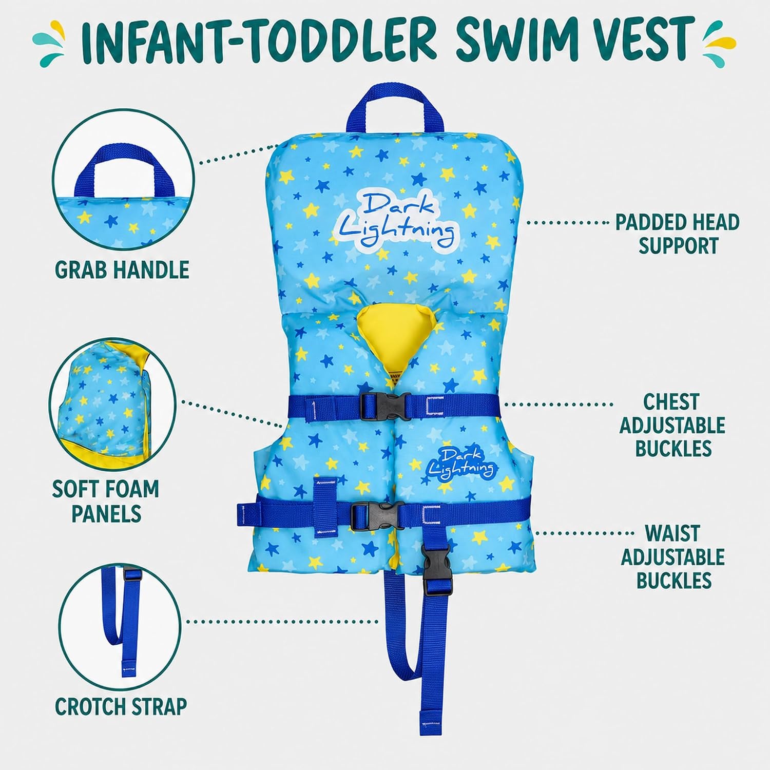Thumbnail 6 de Dark Lightning USCG Approved Infant/Toddler Life Jacket (0-30 lbs) with Headrest, Leg Strap and Grab Handle