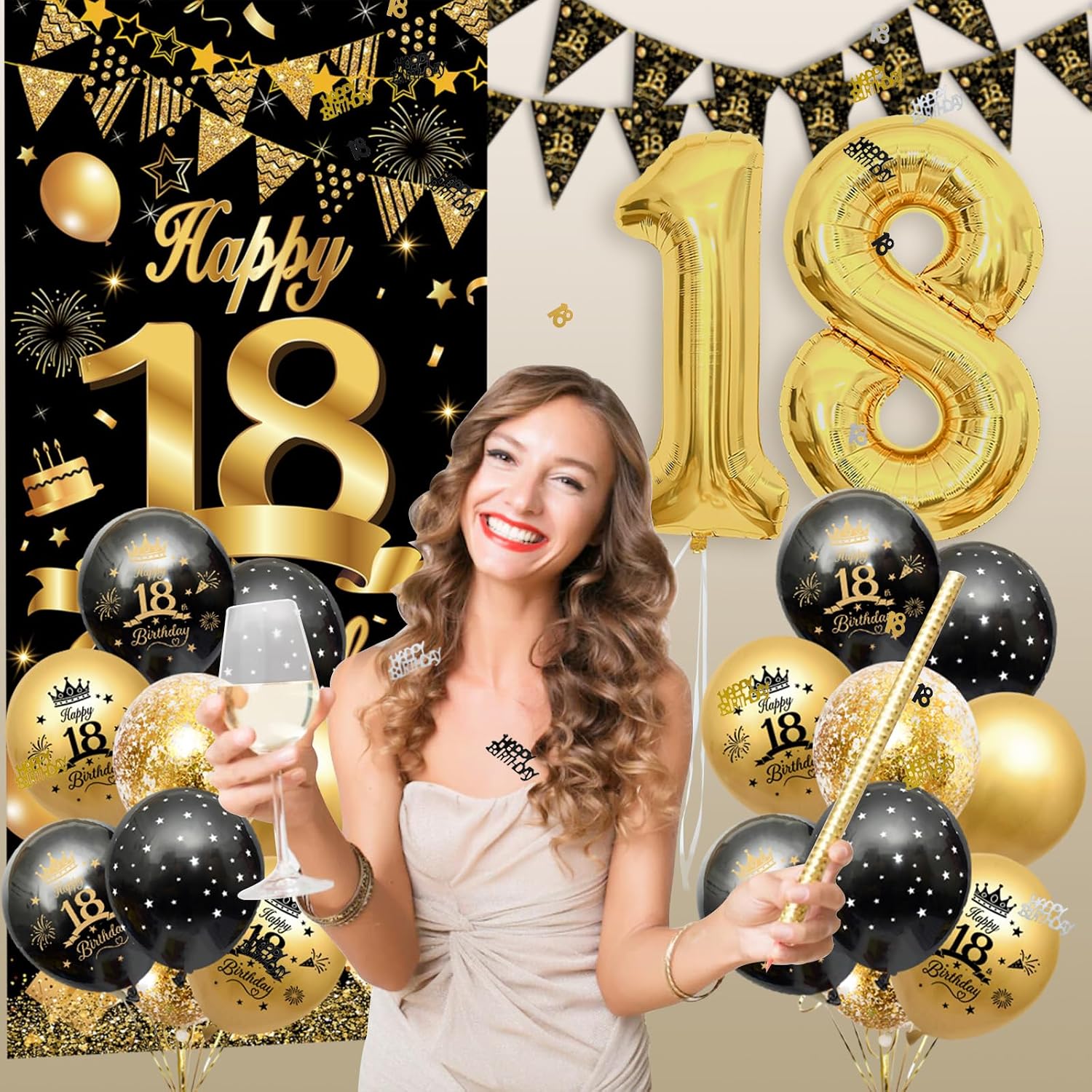 Detalle de AivaToba 18th Birthday Decorations for Boys & Girls – Black & Gold Balloons, Banner & Triangle Flags