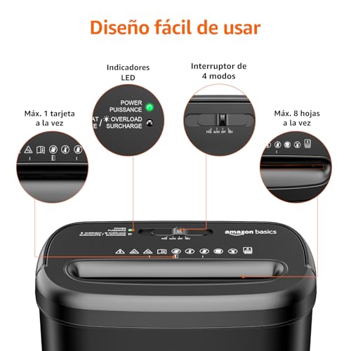 Detalle 2 de Amazon Basics Trituradora de Papel de Corte Cruzado 8 Hojas, 14 L, Negro