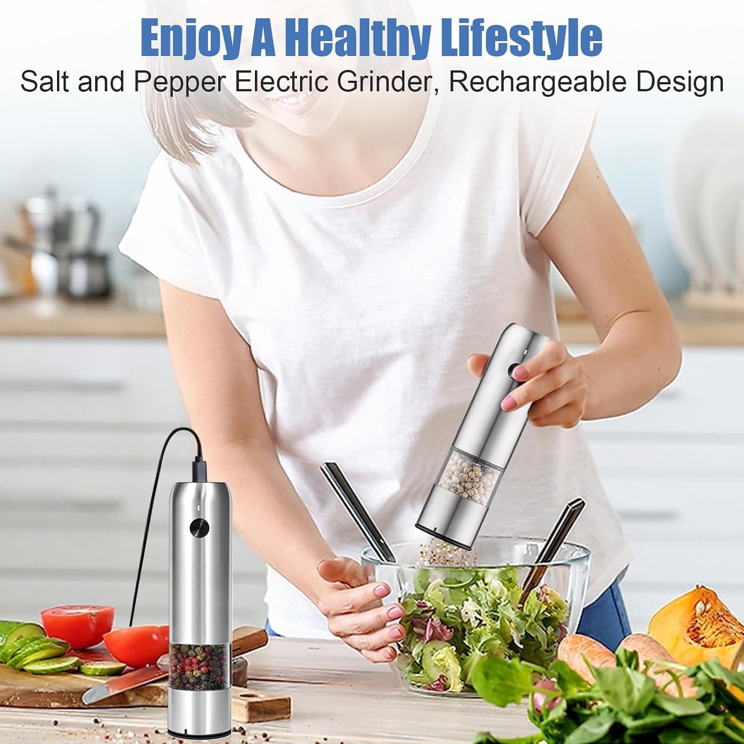 Thumbnail 6 de 2Pcs Electric Salt and Pepper Grinder Set: Rechargeable Ceramic Mill with External 5-Level Adjustment