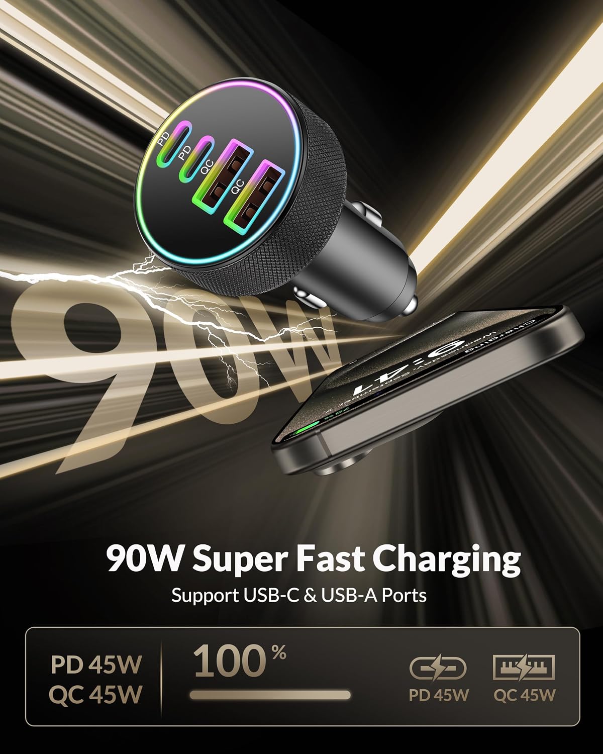 Detalle de 90W 4‑Port USB‑C Car Charger with 45W Dual Ports