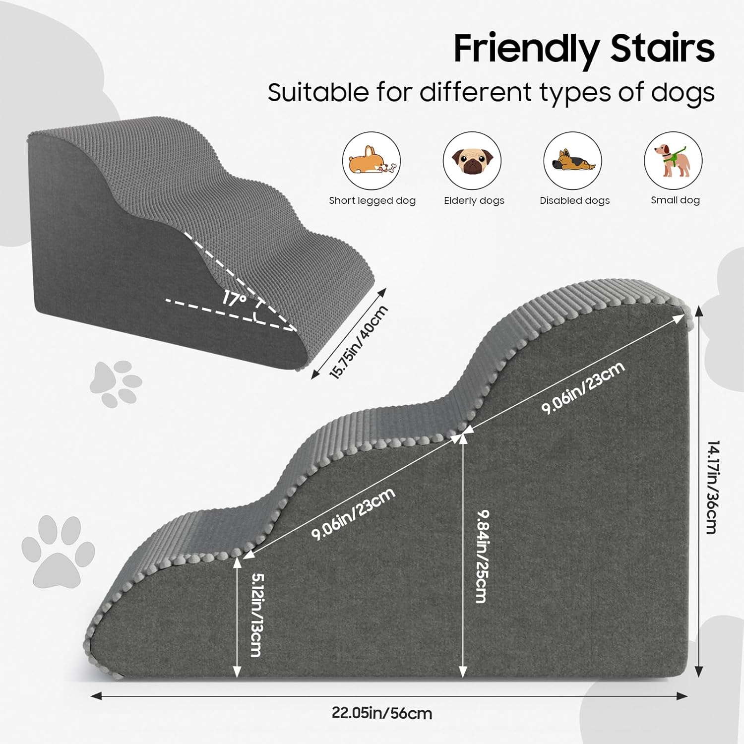 Thumbnail 1 de Pet Stairs for Small Dogs & Cats – Comfortable Curved Design, 3-Layer Foam with Waterproof Cover (Grey)