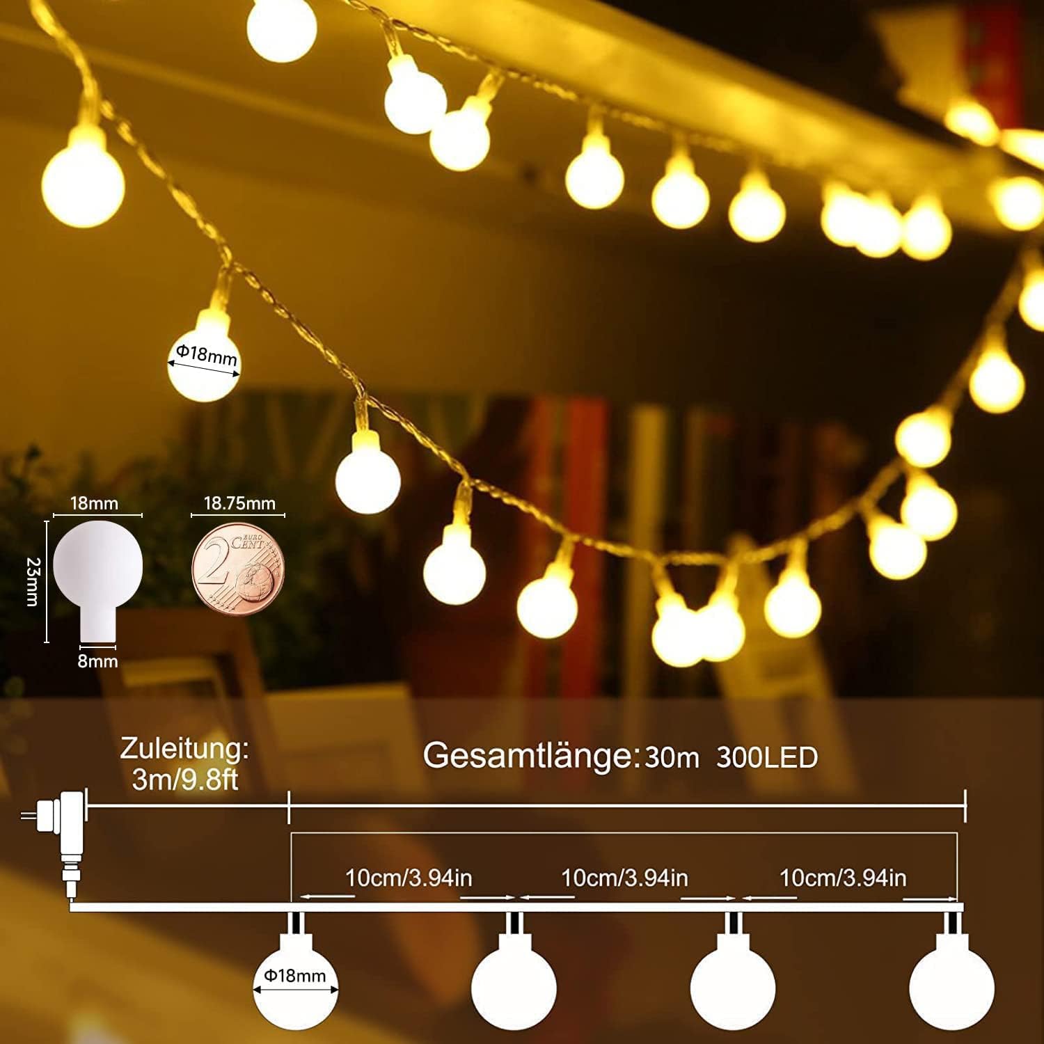 Thumbnail 1 de WOWDSGN Kugel Lichterkette 300 LEDs – 30 m, Dimmbare Außen- und Innenbeleuchtung mit 8 Leuchtmodi