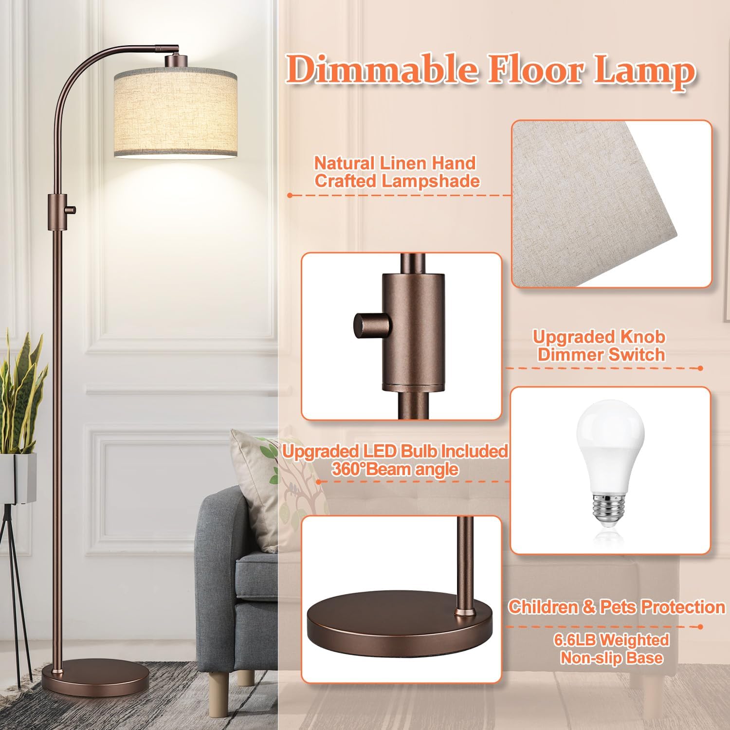 Thumbnail 3 de Nintiue Dimmable Floor Lamp with Linen Shade