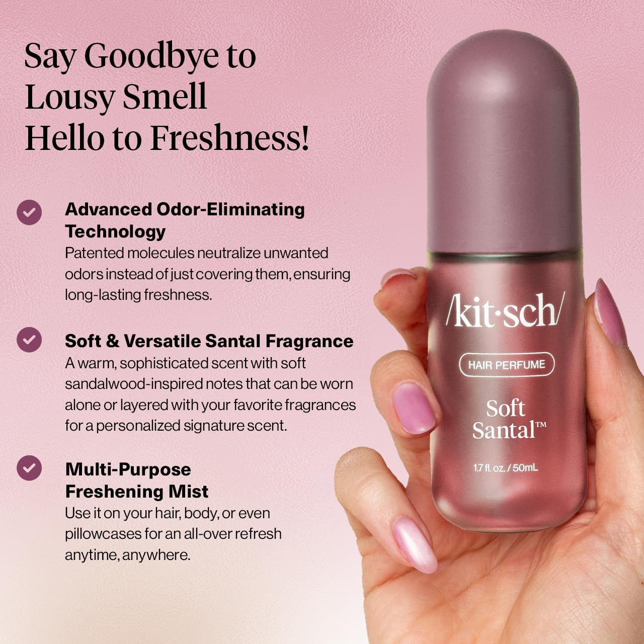 Detalle 2 de Kitsch Soft Santal Hair Perfume, 50 mL Hair and Body Mist with Odor-Eliminating Technology