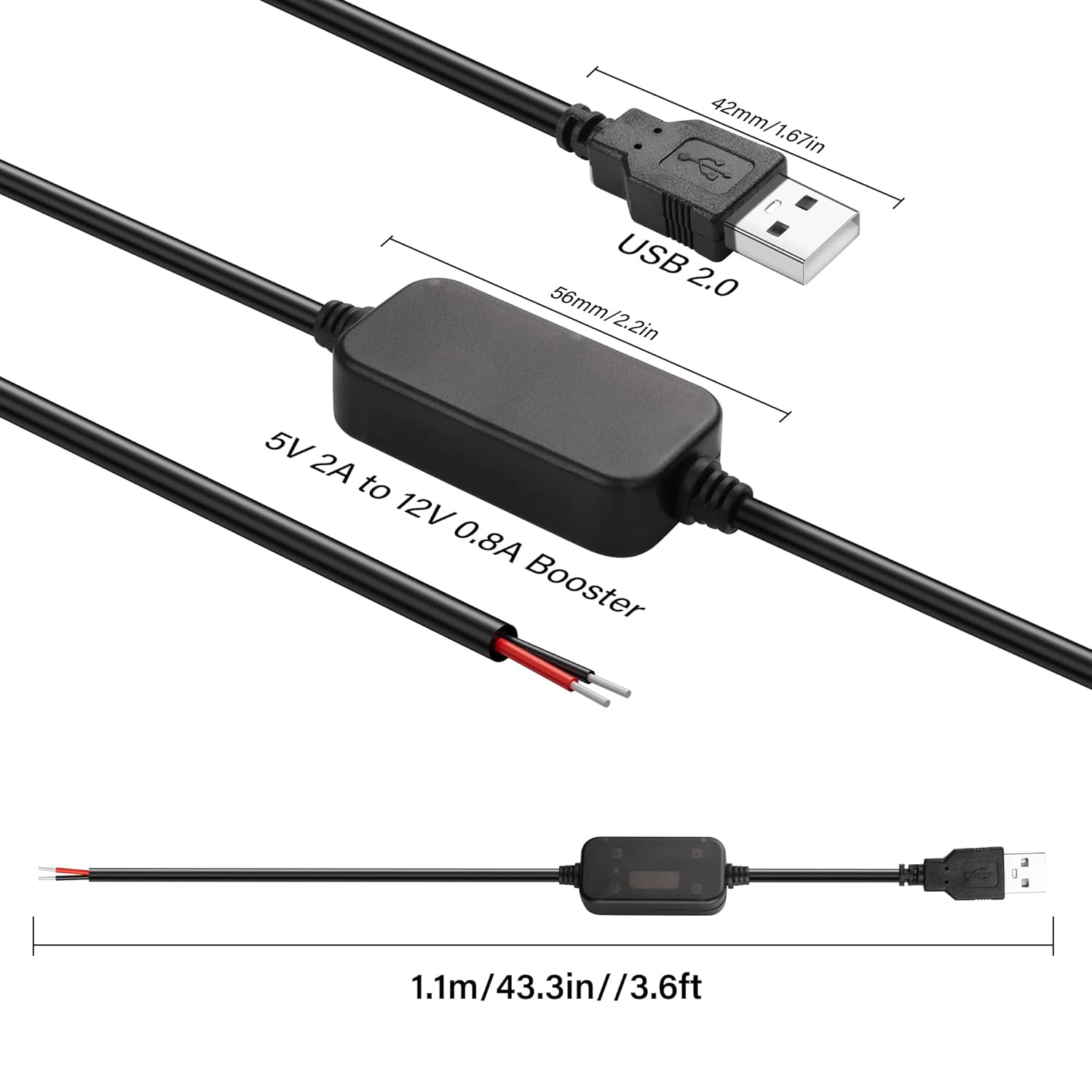 Thumbnail 4 de SinLoon 2Pcs DC Boost Cable 5V to 12V (22AWG) USB 2.0 Male to Bare Wire, 110cm