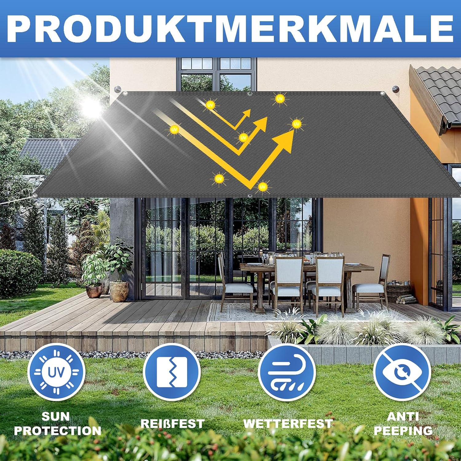Thumbnail 1 de Sonnensegel wasserdicht rechteckig mit Ösen 2x3 m (Markisenstoff, 95% UV-Schutz) in Dunkelgrau