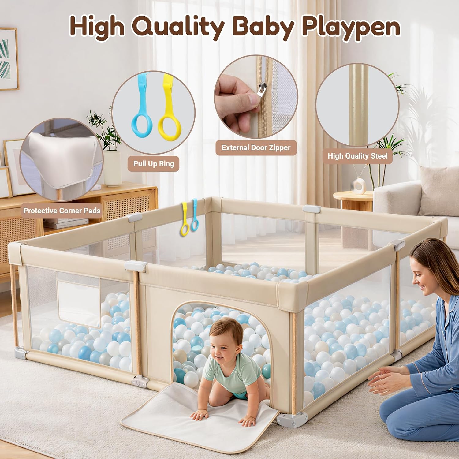 Detalle 1 de Cbcvvaer Foldable Baby Playpen with Mat, 71 × 79-Inch Khaki Mesh Play Yard