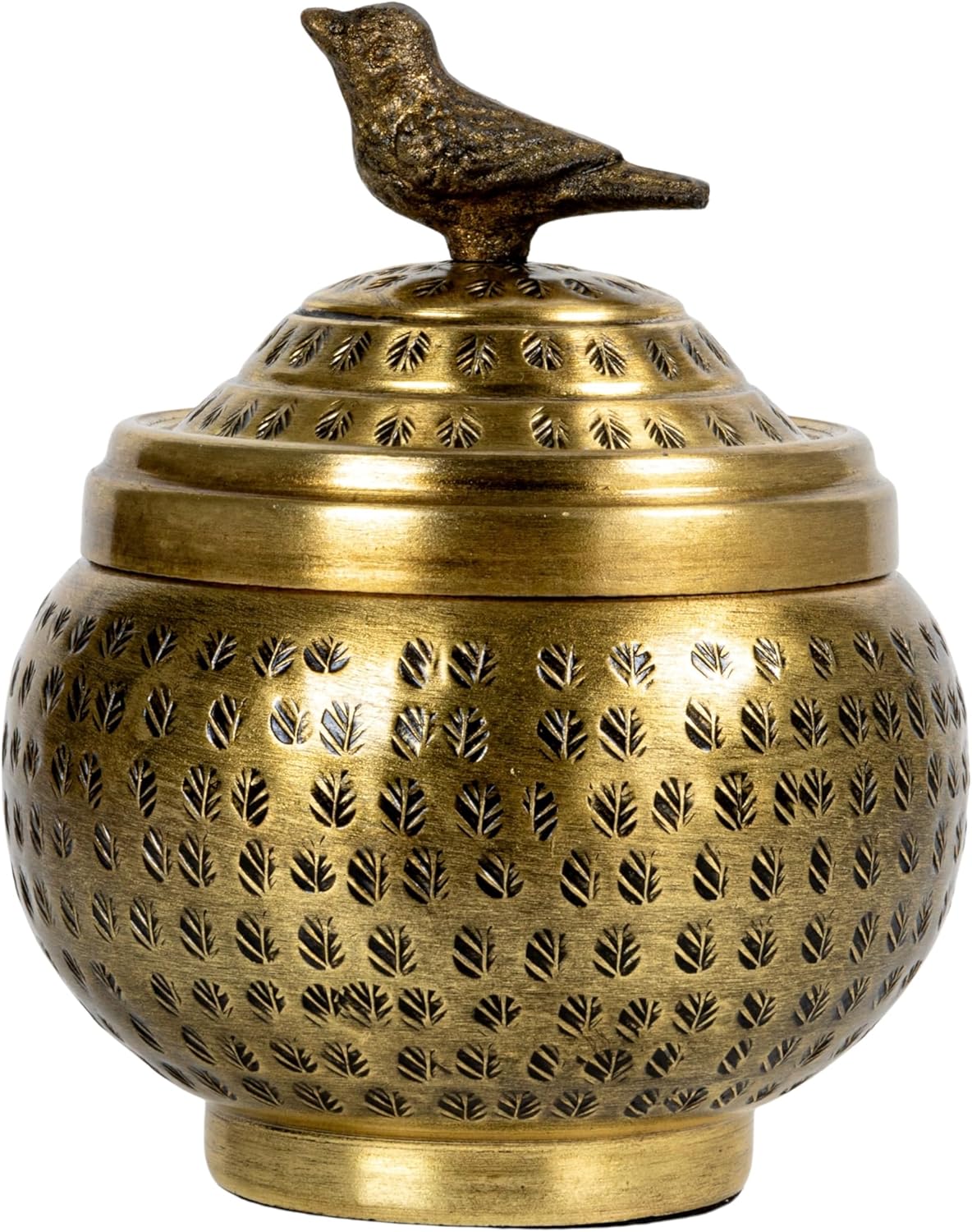 Thumbnail 5 de Round Hammered Metal Container Bird Finial Brass Finish 🏺