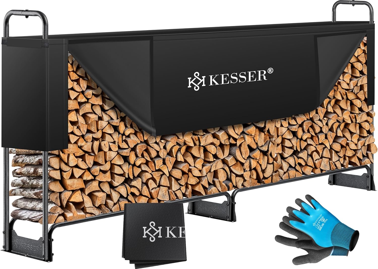KESSER® Kaminholzregal Metall 260×36×117 cm – Stahlrahmen für den Außenbereich mit Abdeckung & Handschuhen