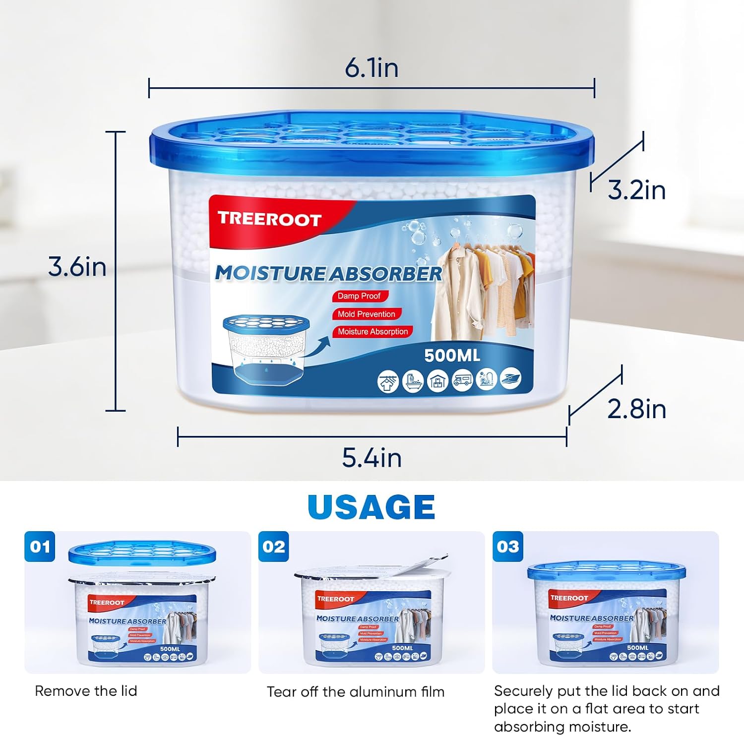 Detalle 2 de TREEROOT 22-Pack Moisture Absorbers (10.6 oz): Quiet, Fragrance-Free Humidity Control for Closets, Bathrooms, and Kitchens