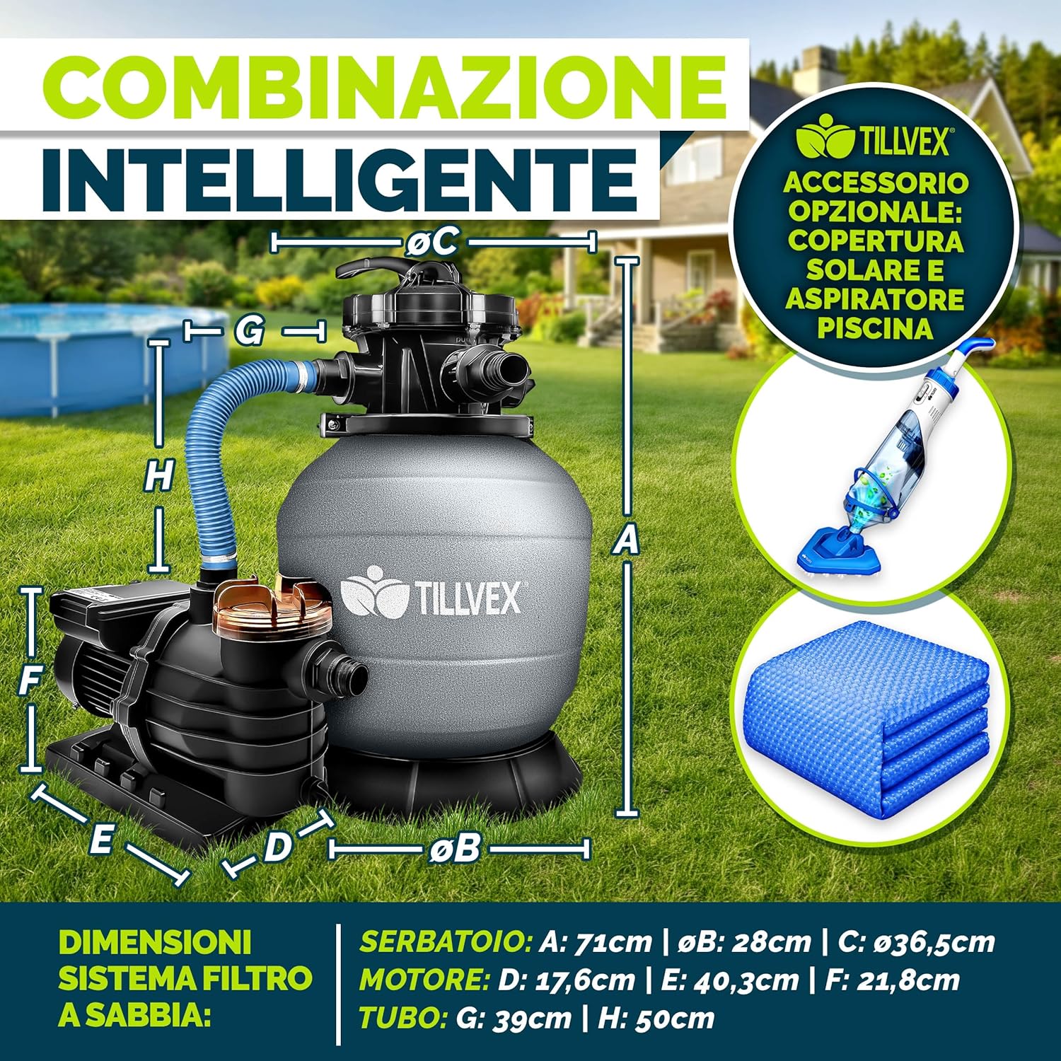 Detalle de Tillvex Impianto di filtraggio a sabbia per piscina 13.200 L/h (fino a 40.000 L) con valvola 7 vie e sfere filtranti da 1200 g