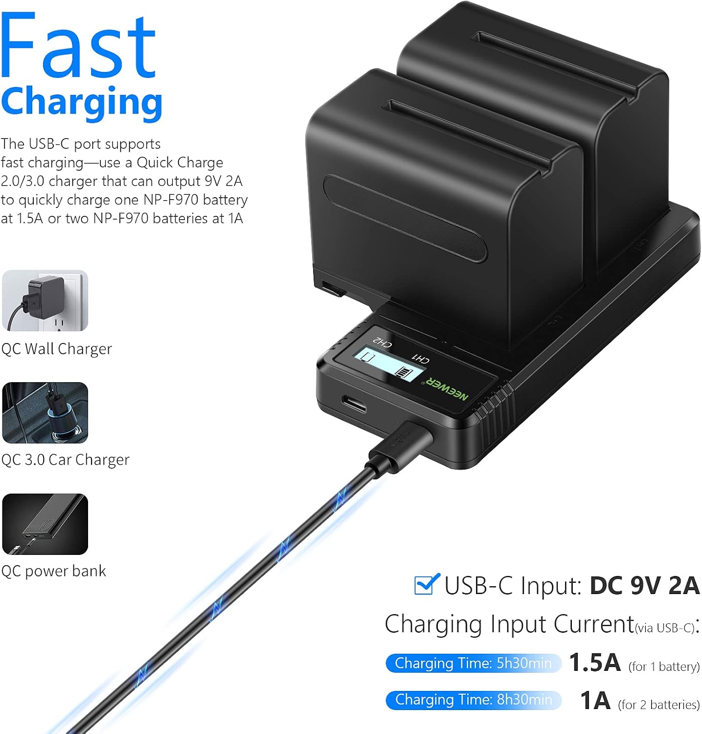 Detalle de NEEWER Dual-USB-Ladegerät für NP-F970 (mit 2× 6600 mAh Ersatzakkus) – Schnellladen für Sony NP-F Serie