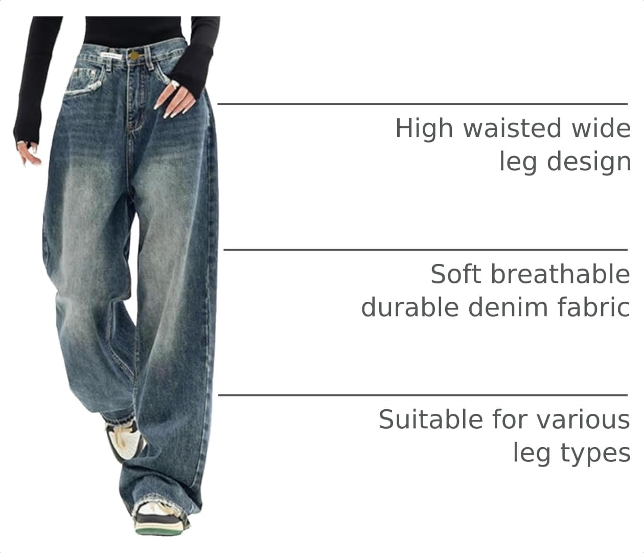 Detalle 2 de EMMIOL Women Baggy Jeans — Mid-Low Waist Boyfriend Wide-Leg Denim Pants