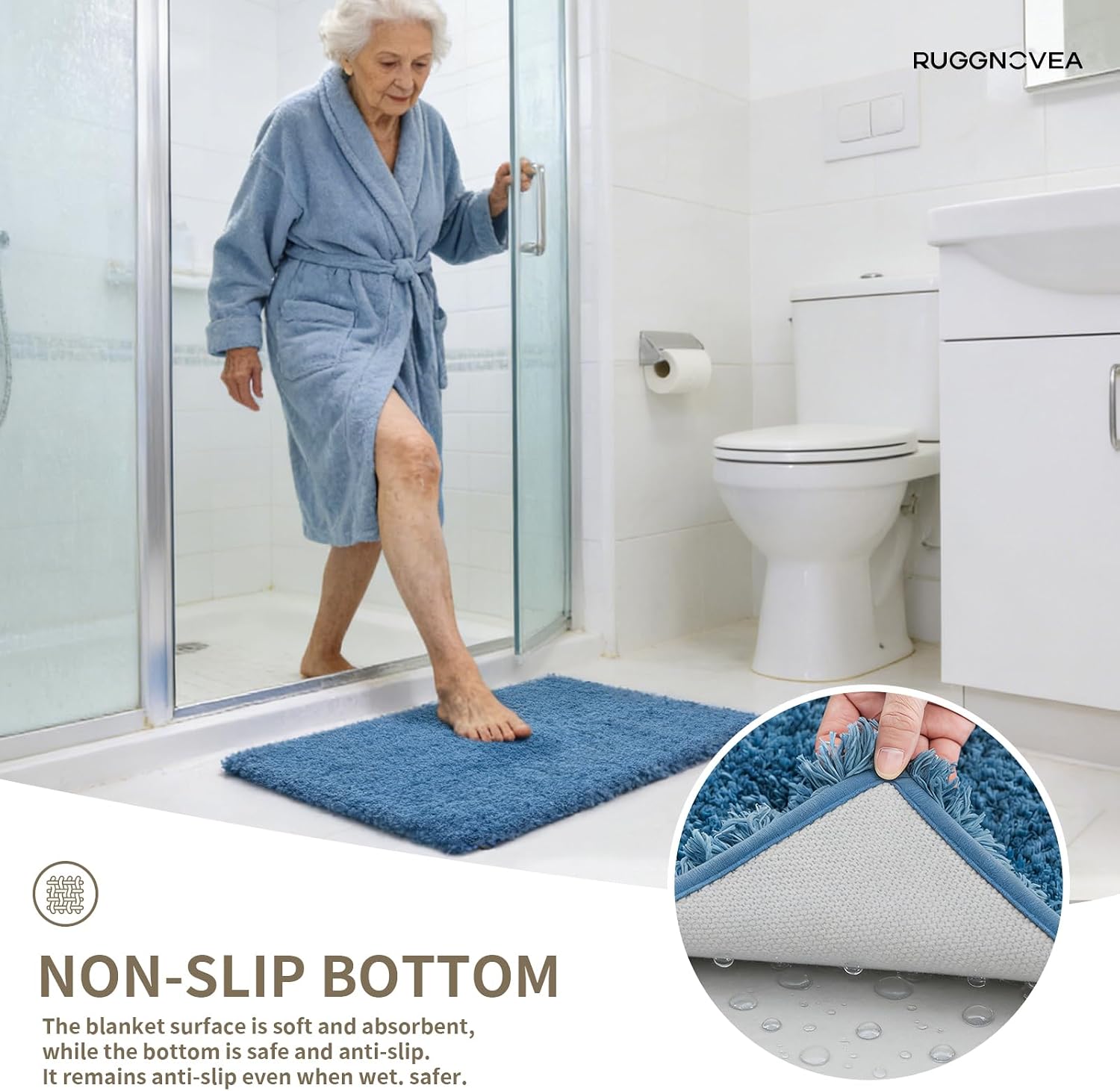 Detalle de Ruggnovea Blue Bath Rug 32x20 — Ultra-Soft Non-Slip Microfiber Mat
