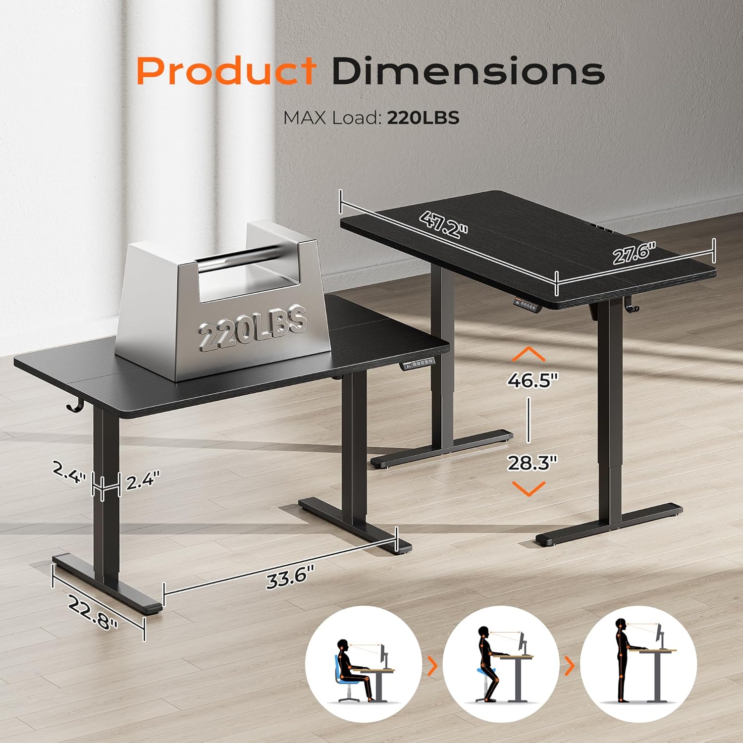 Detalle de Huuger 55 x 27.6 Large Electric Standing Desk with 4 Outlets, USB-C & Height Presets – Rustic Brown