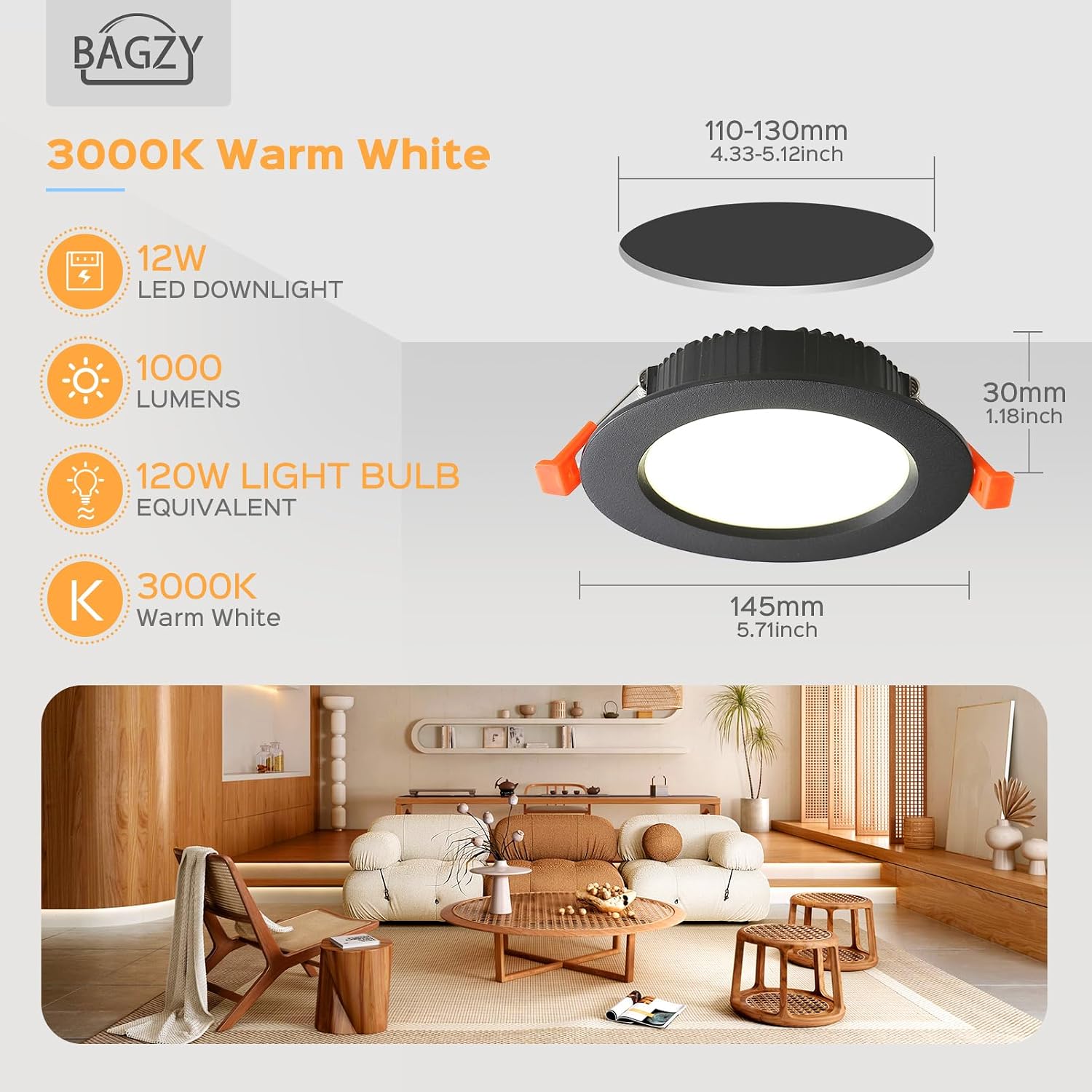 Detalle de BAGZY 012H-4-12W-Warm light infällda LED-spotlights, 12 W, 1000 lm, IP44, 5-pack