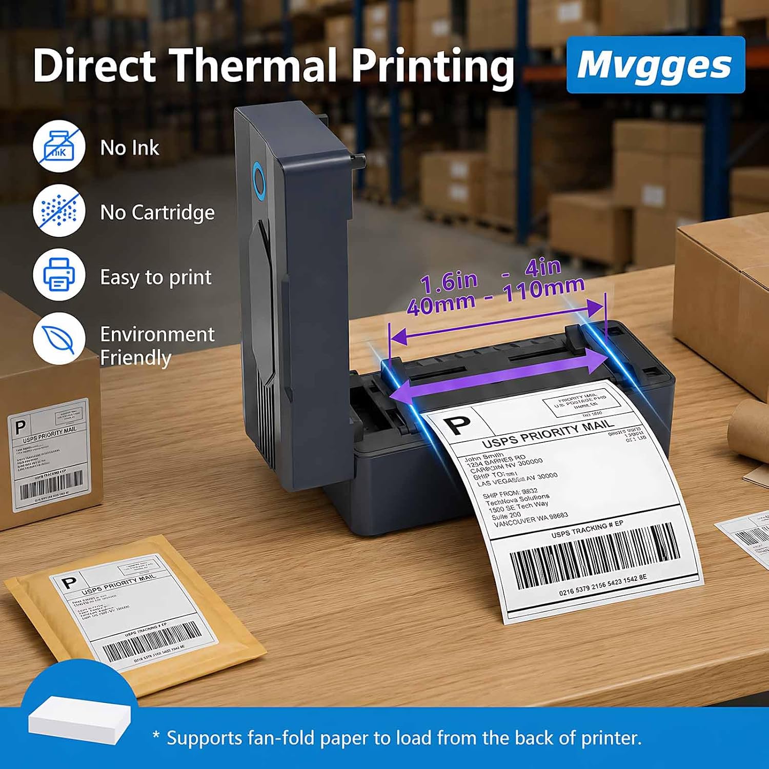 Detalle de Mvgges POS-9270 4x6 Thermal Shipping Label Printer, Bluetooth and USB