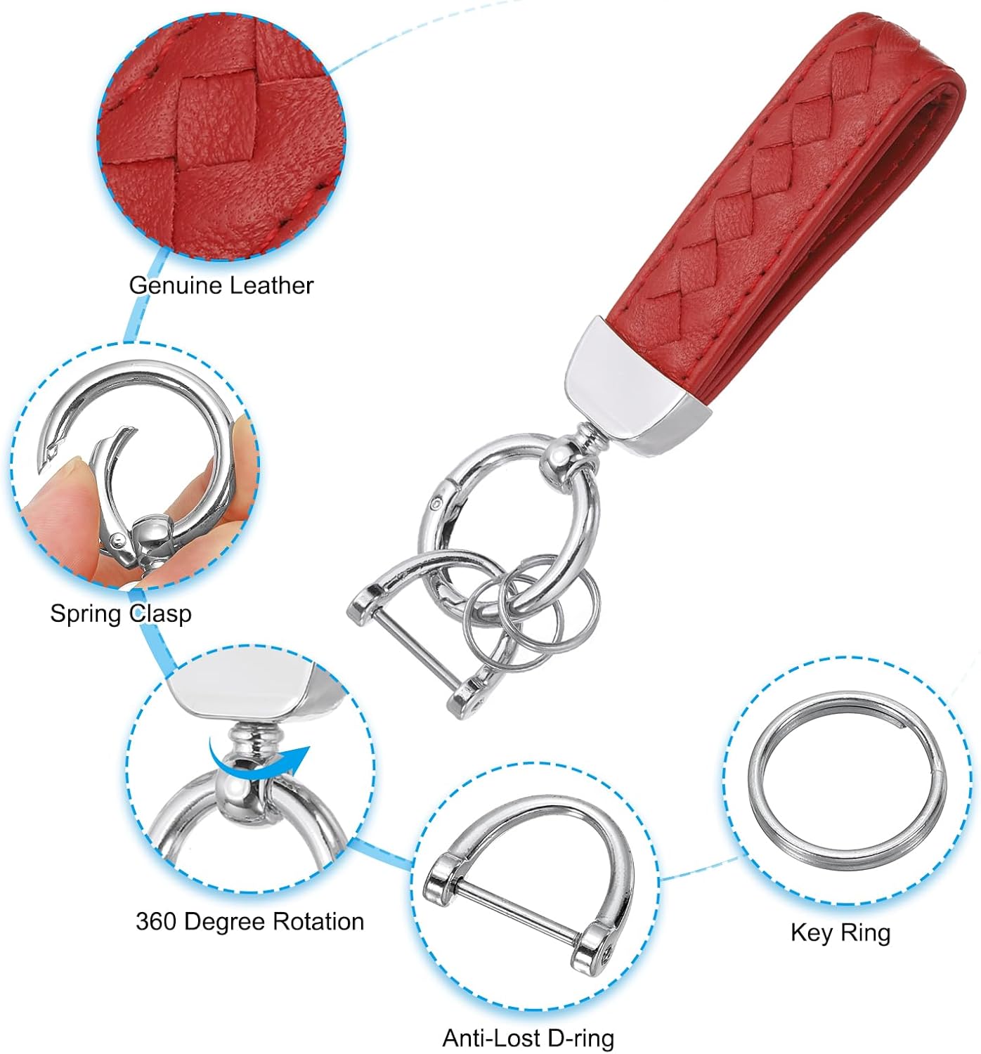 Thumbnail 2 de PATIKIL genuine leather car keychain with D-ring, red strap and rotatable key fob holder