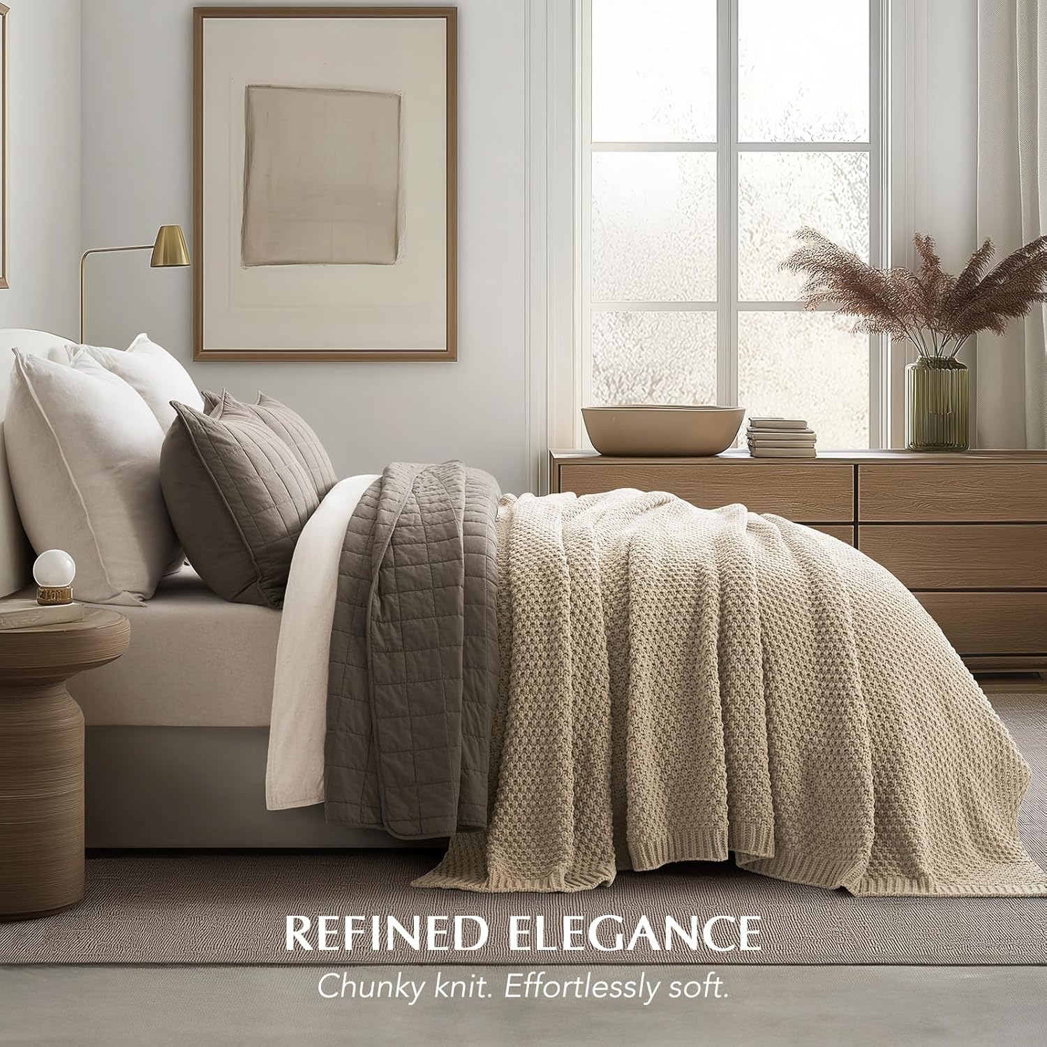 Thumbnail 5 de EVERGRACEHOME Chunky Chenille Knit Throw Blanket (90" x 90") – Sand Dune