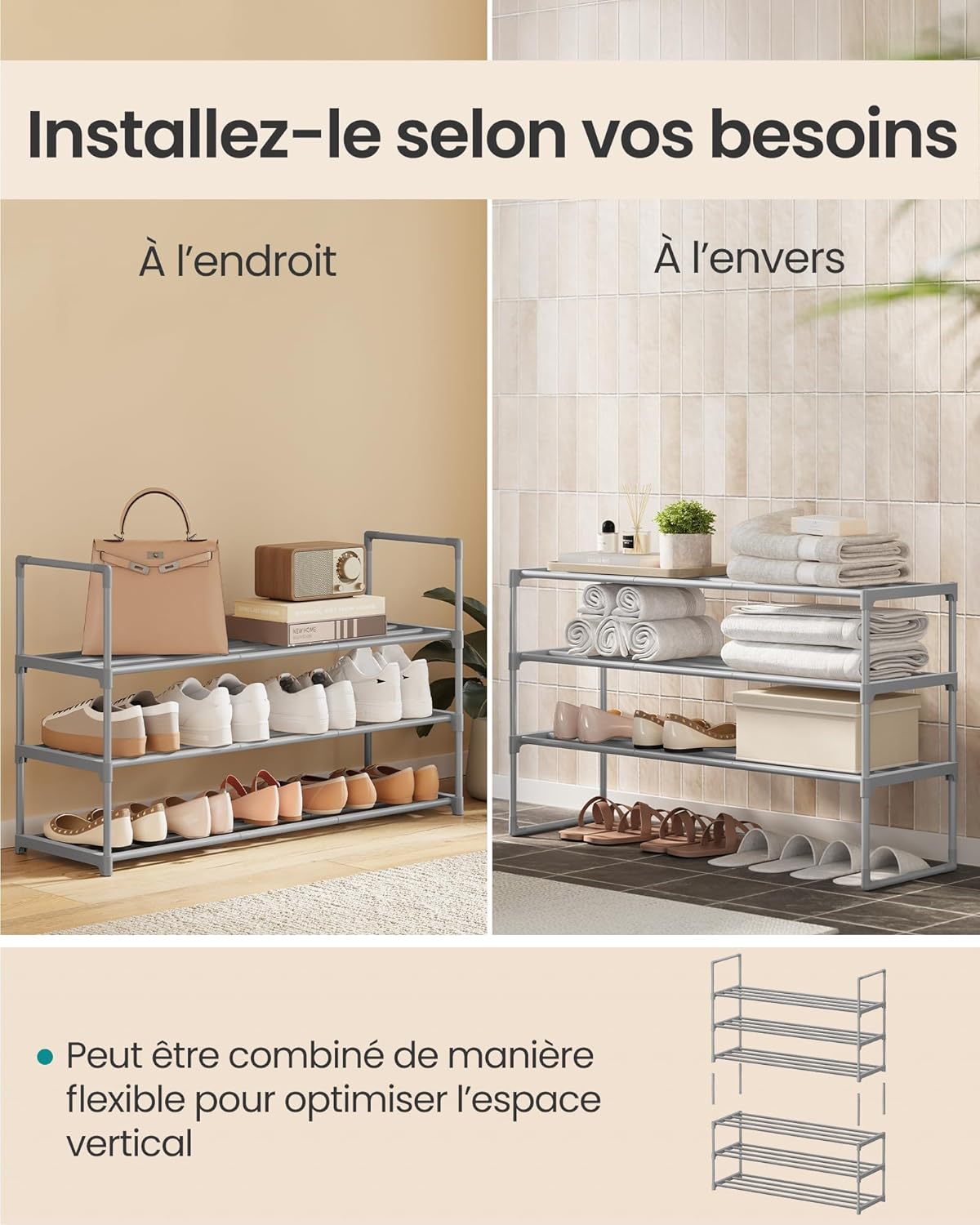 Detalle de SONGMICS LSA303G01 — étagère à chaussures 3 niveaux métallique, 16 à 20 paires, empilable, à l’endroit ou à l’envers