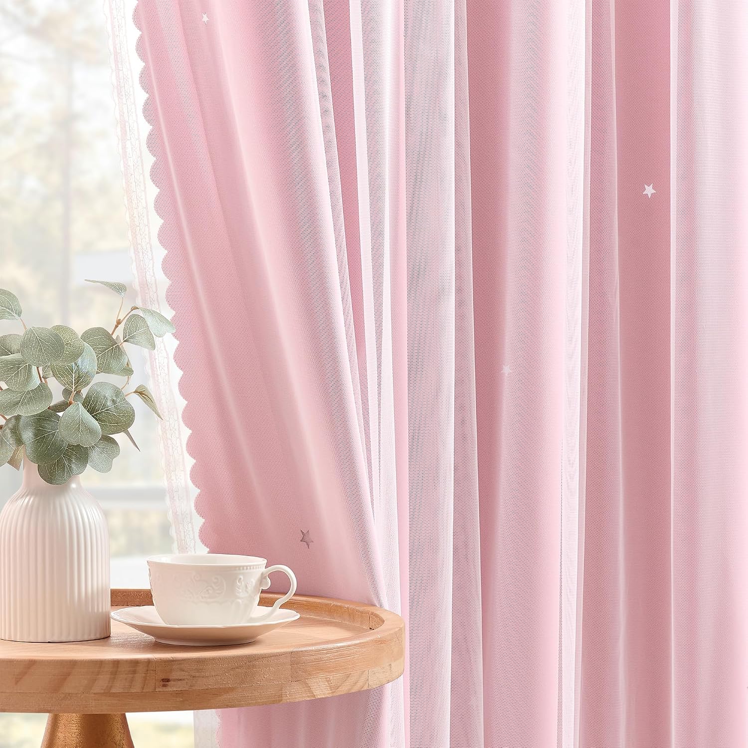 Thumbnail 6 de XiDi Pink Curtains for Bedroom - Two-Layer Light Pink Blackout Panel with Star Laser Cutouts (1 Panel)