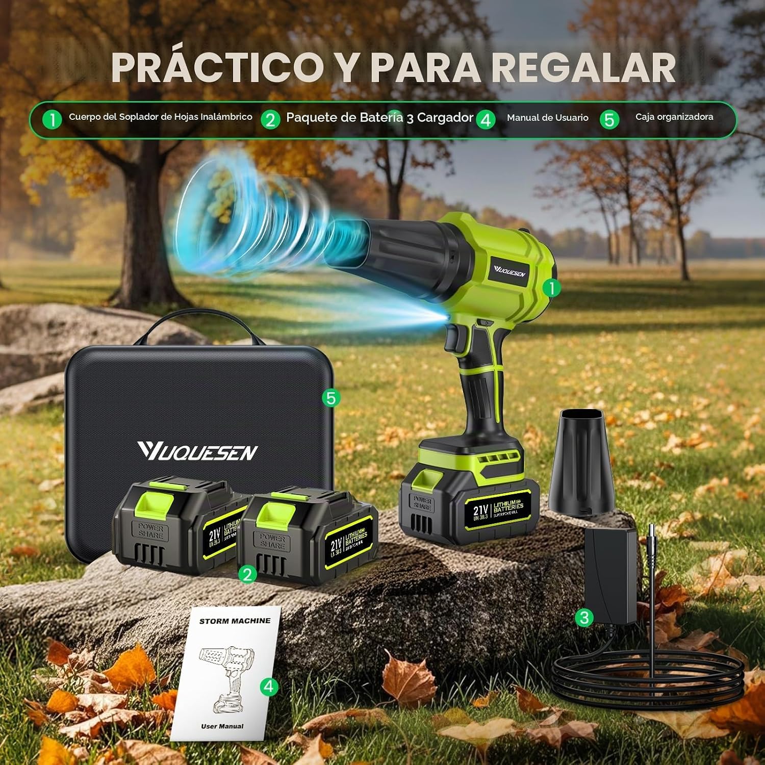 Thumbnail 6 de Soplador de Hojas Yuquesen 900.000 RPM — kit 2 baterías, cargador y accesorios (Verde Brillante)