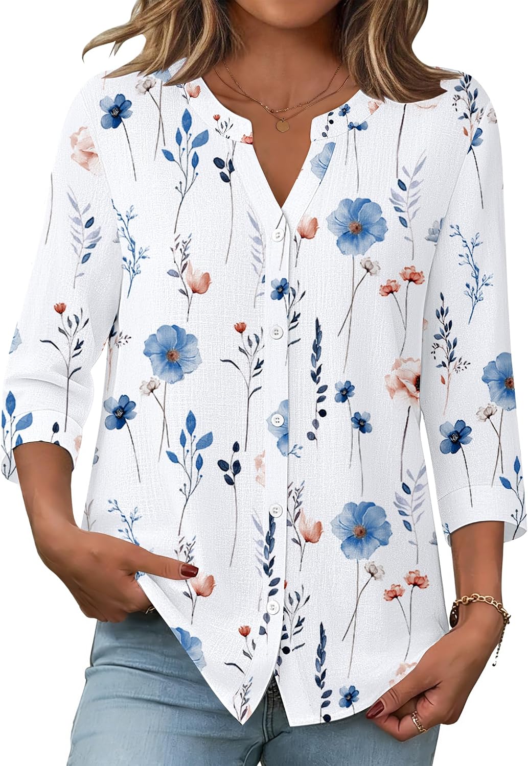 Thumbnail 6 de Zeagoo Women’s Linen-Cotton Button-Down 3/4 Sleeve Top