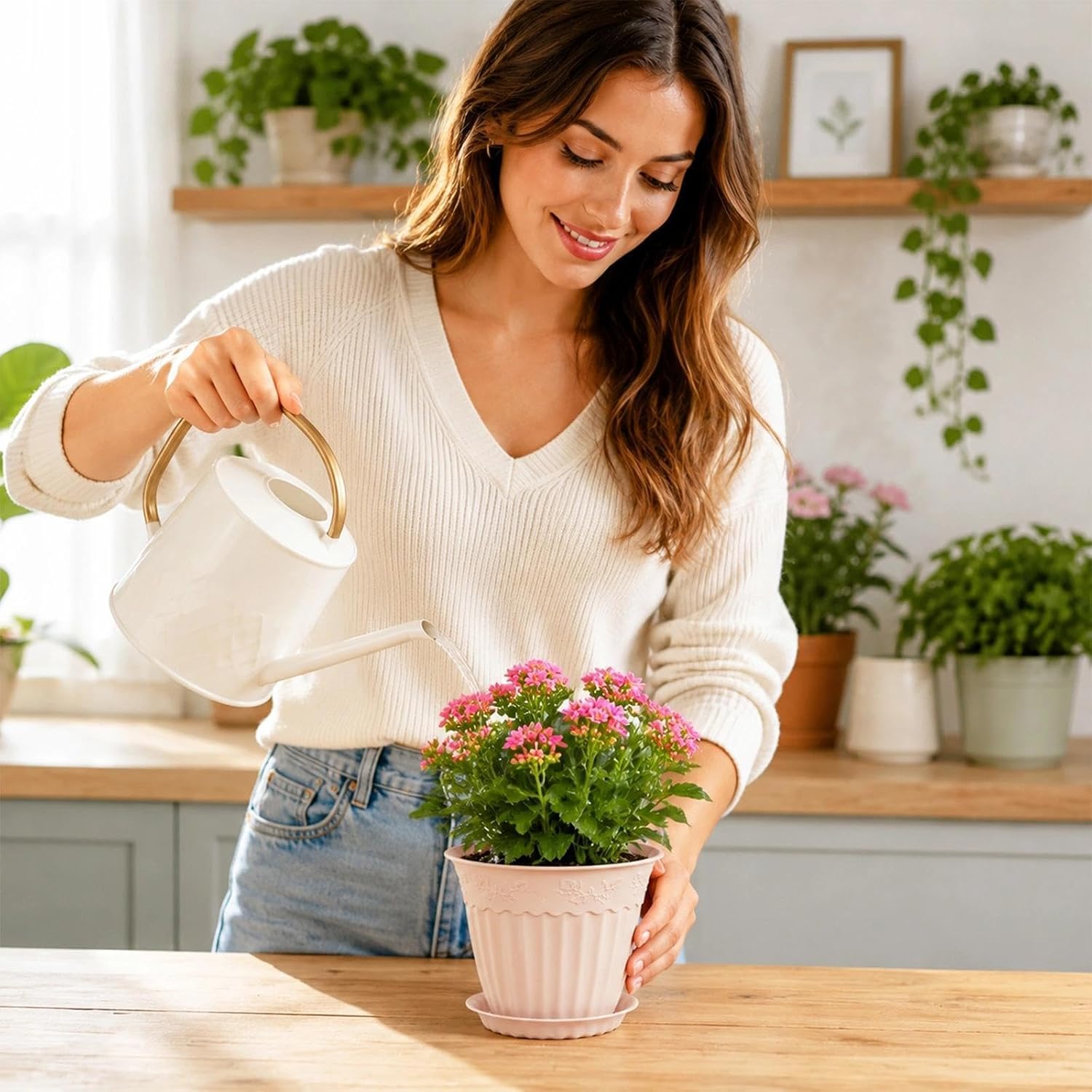 Detalle de ZMTECH 6-Inch Blush Pink Plant Pots with Saucers, 12-Pack, Embossed
