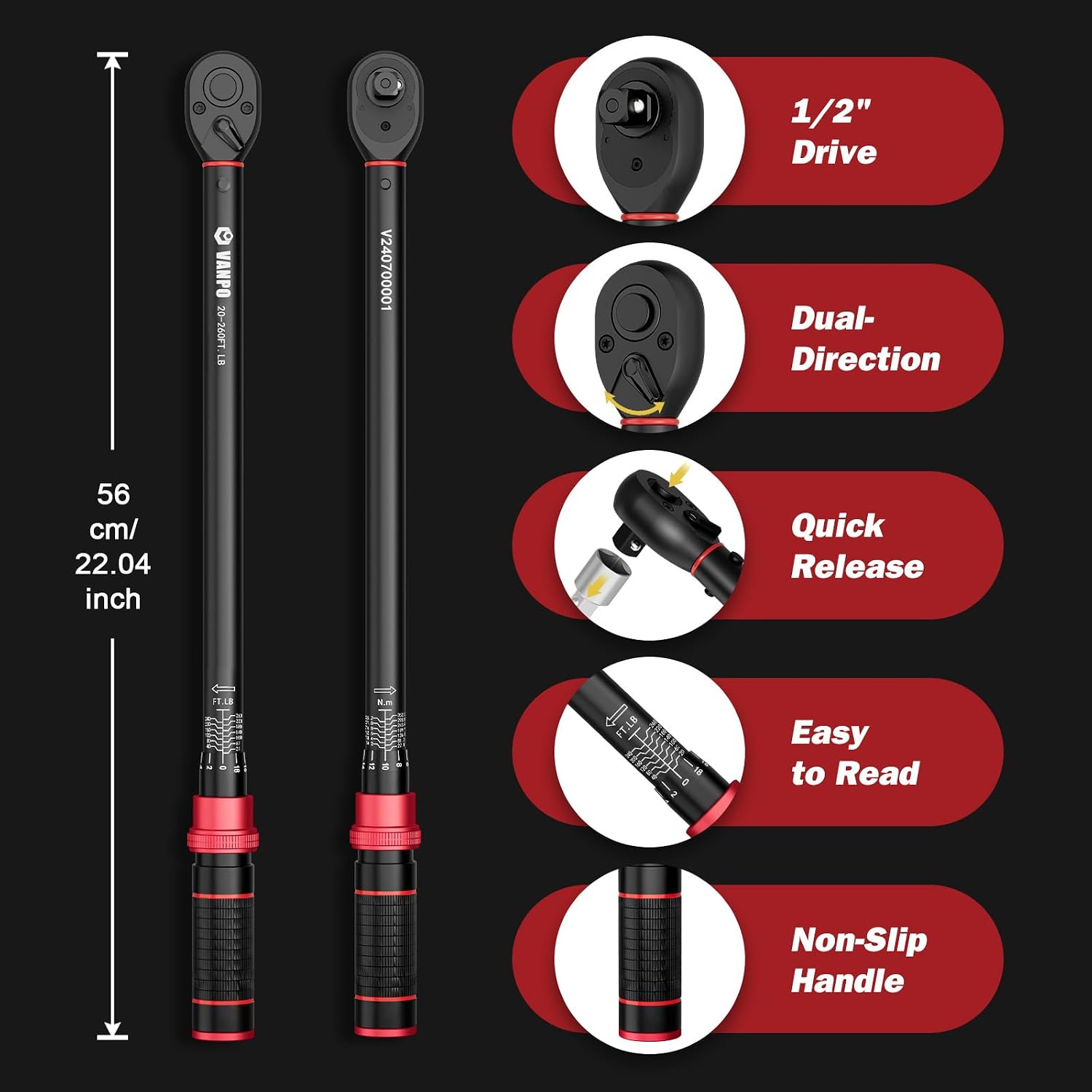Detalle de VANPO 6b5dfebe-a6f9-4814-8be1-3eedc315b3c2 1/2-Inch Click Torque Wrench, 20–260 ft-lb