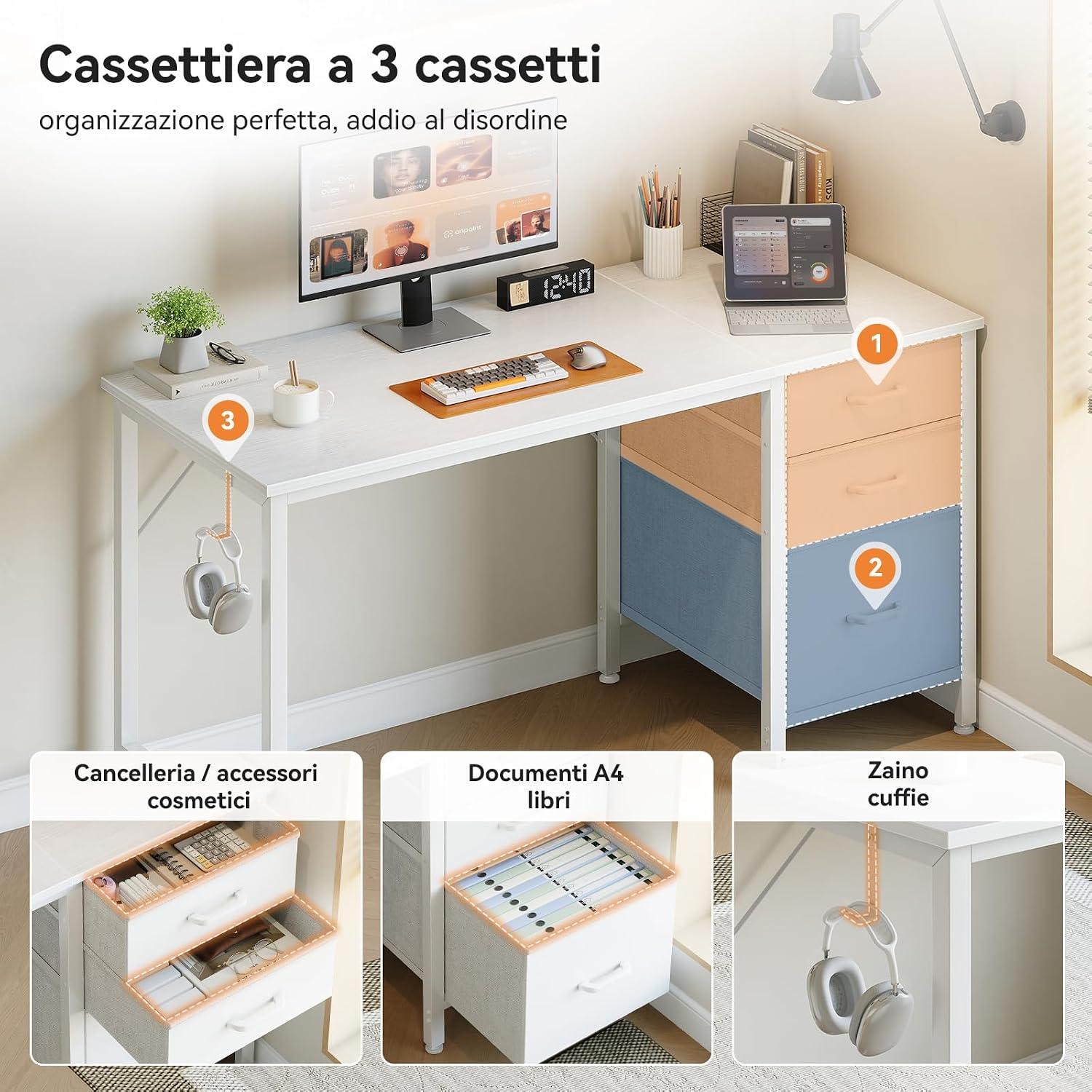 Thumbnail 3 de Coleshome Scrivania con 3 cassetti in tessuto, 120x48 cm – Tavolo reversibile bianco con portacuffie