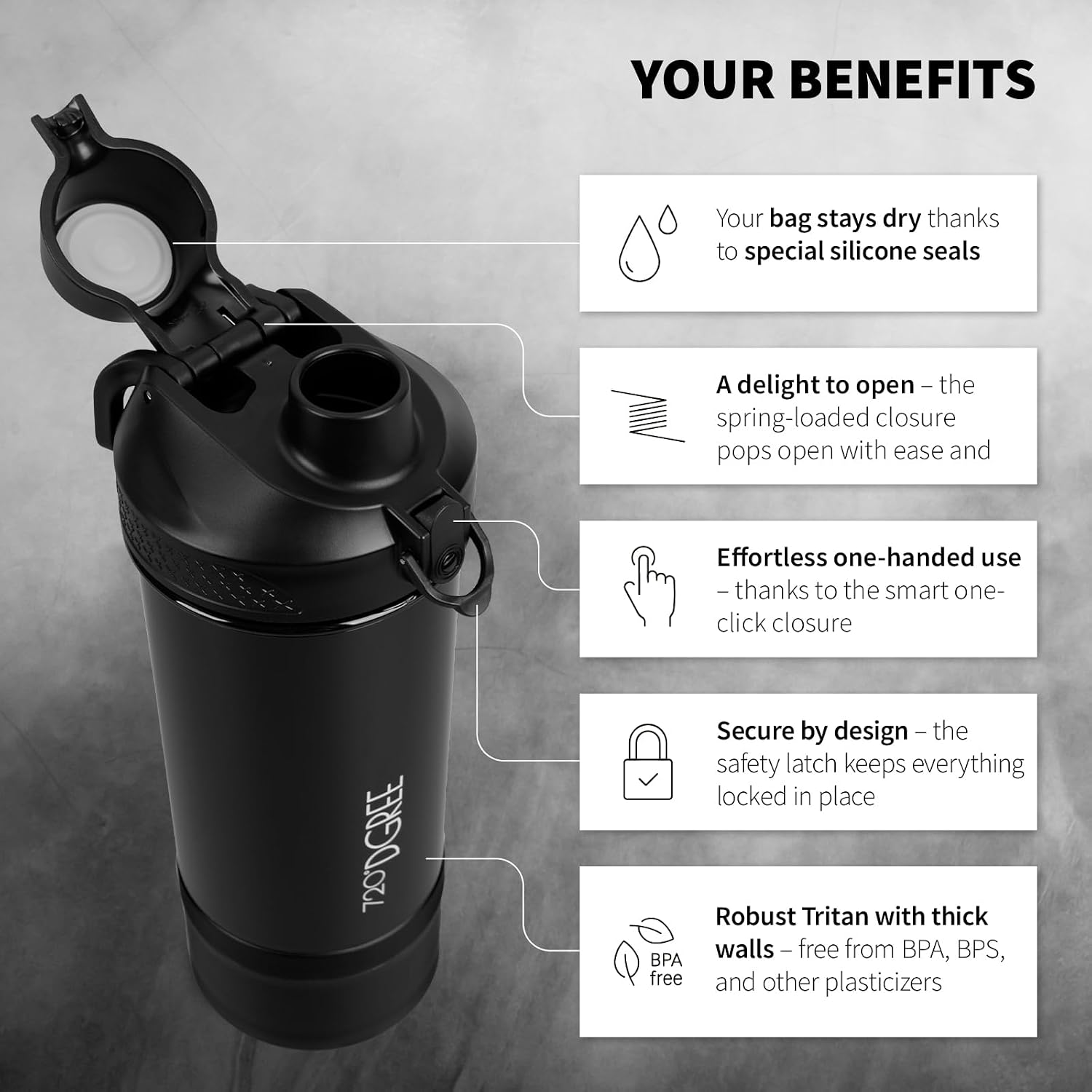 Detalle de 720°DGREE Fitness uberShaker 550 ml con scomparto polvere e clip di sicurezza, Tritan senza BPA
