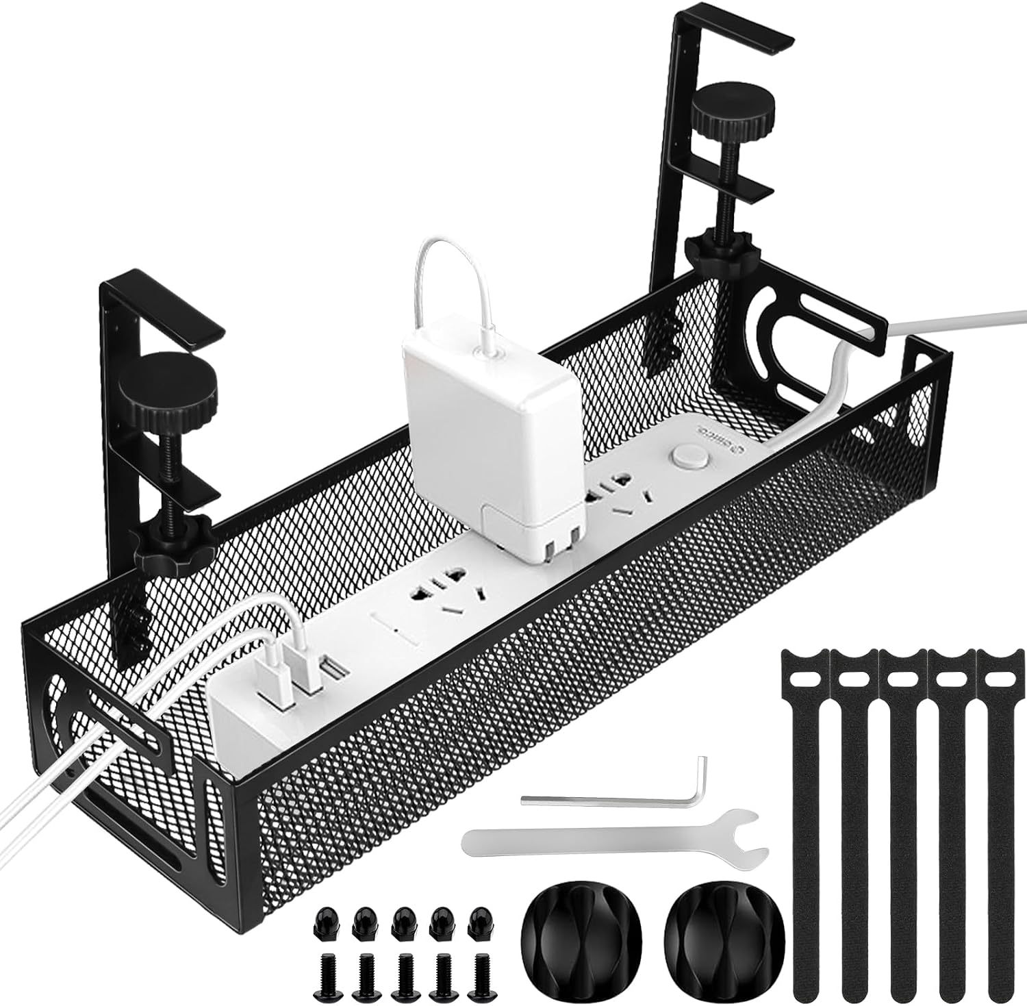 Detalle de Mzmaxy Under-Desk Cable Management Tray, Black Metal, Clamp-On