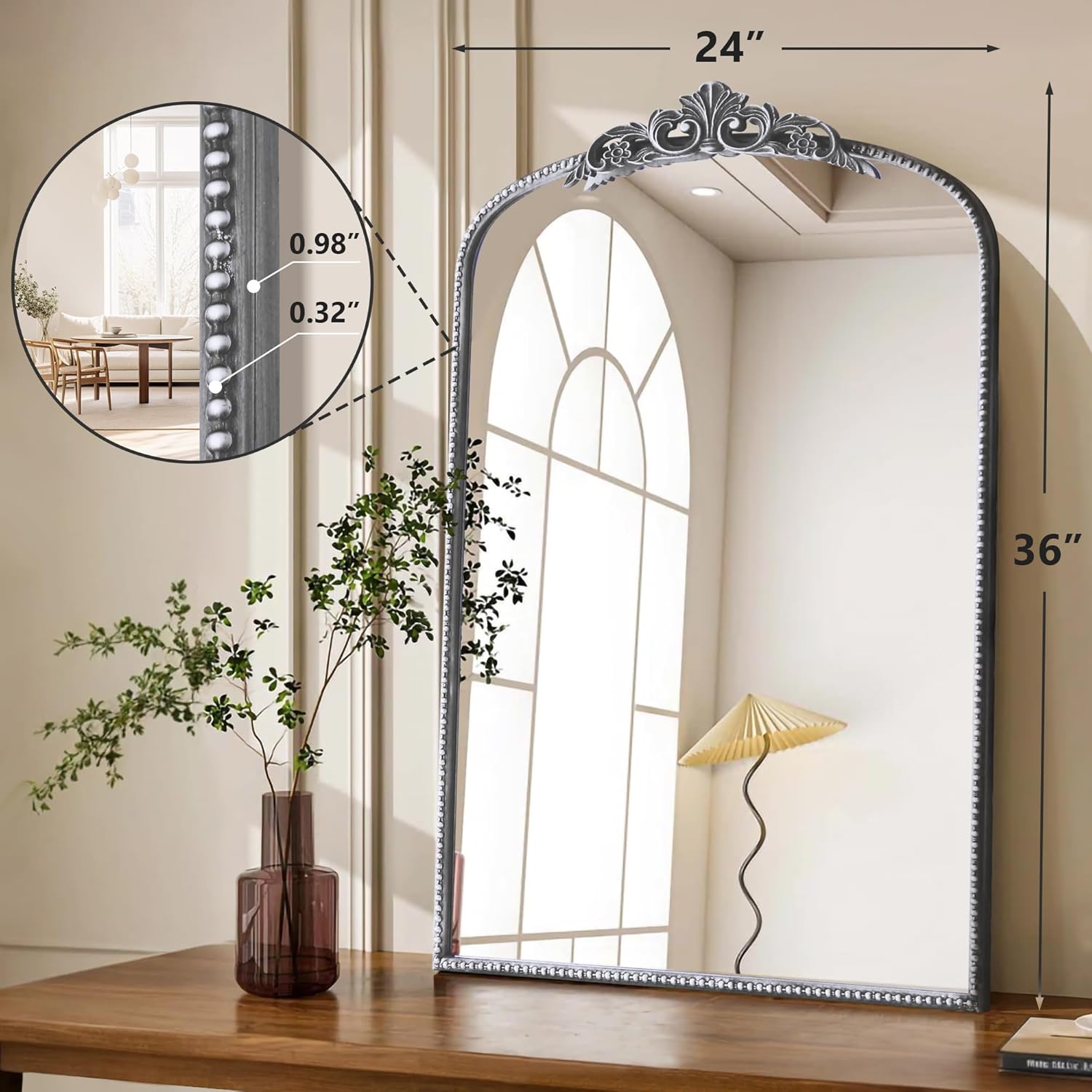 Detalle 2 de Micasso Vintage Traditional Silver Mirror 24"x36" — French Baroque Arch with HD Reflectivity