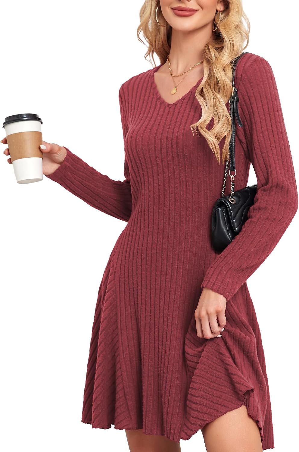 Detalle de SENBATU Robe tricotée pour femmes – robe d’automne élégante à manches longues et col en V