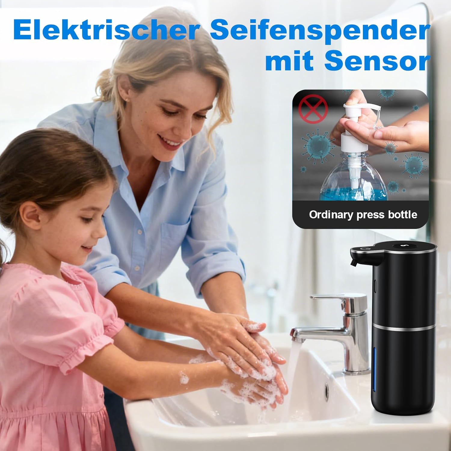 Detalle 2 de Fantictas Seifenspender Automatisch – USB aufladbar, 6-stufige Schaumeinstellung, Display, 380 ml, IPX5, Schwarz