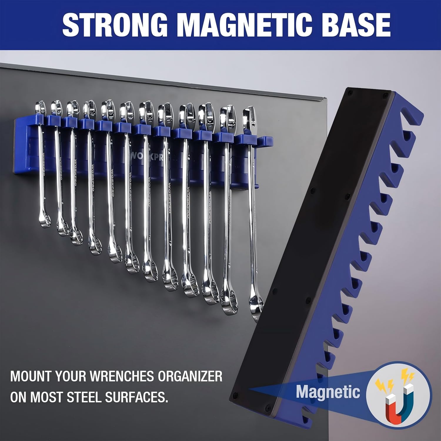 Thumbnail 2 de WORKPRO 12-Slot Magnetic Wrench Organizer Rack (9–20 mm)