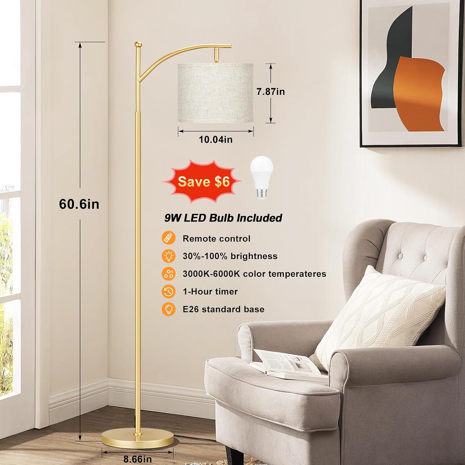 Detalle 2 de Ambimall 60" Floor Lamp with Remote, Dimmable Light and Beige Shade