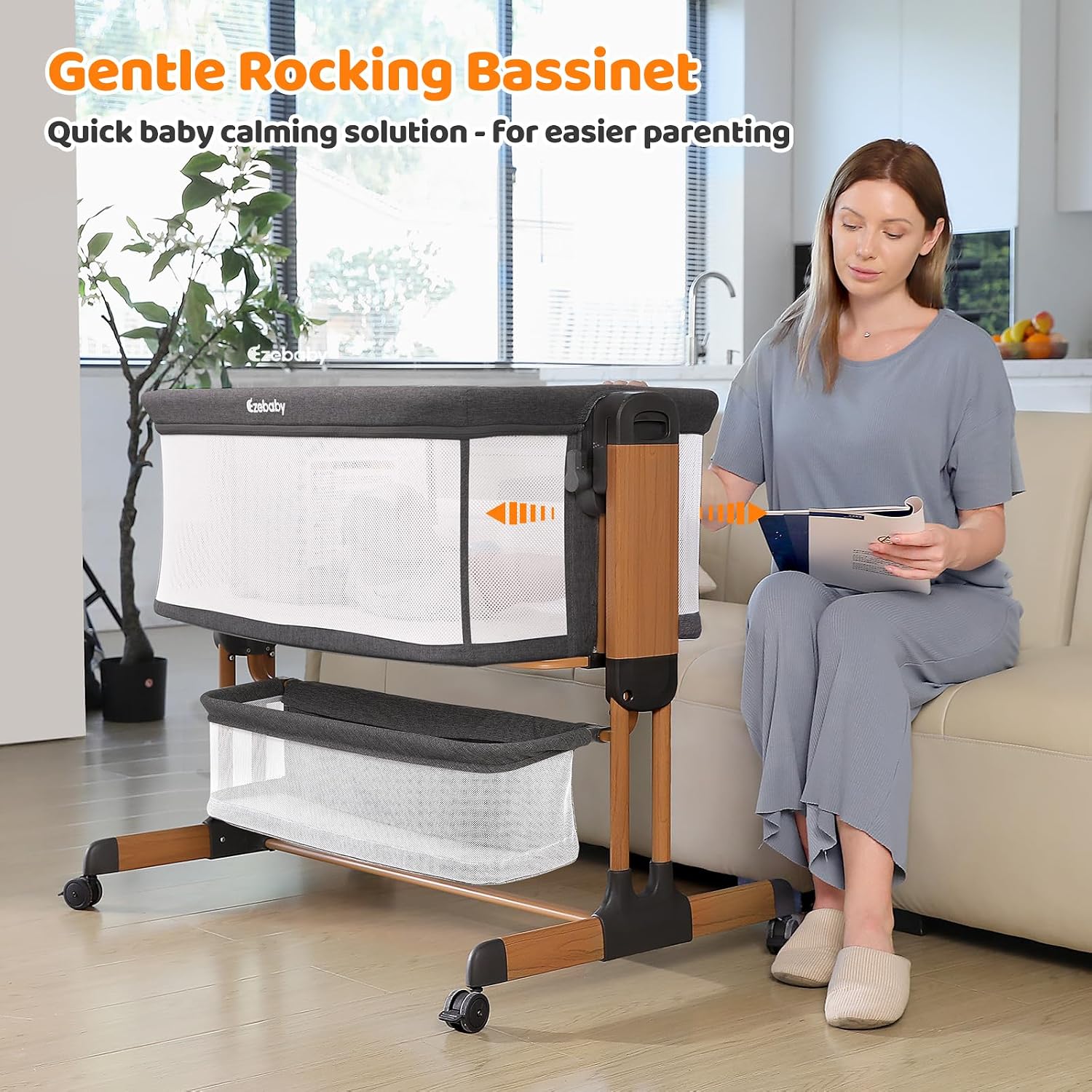 Detalle de Ezebaby OD-B6 3-in-1 Baby Bassinet with Rocking Mode, Mesh Sides and Wheels