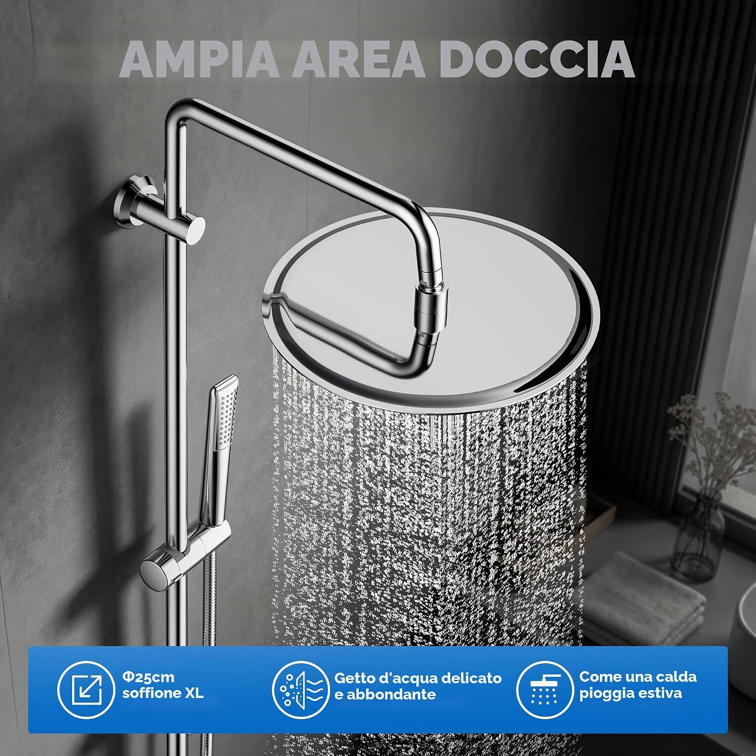 Detalle de Görbach Colonna Doccia in Acciaio Inox Senza Miscelatore, 92 cm, Soffione Vapore 25 cm e Doccetta a Mano