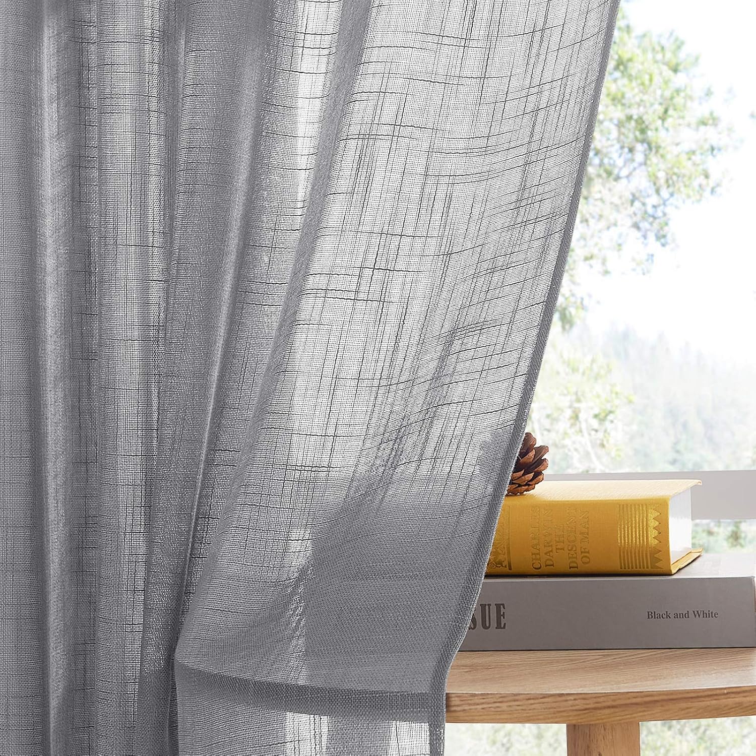 Thumbnail 3 de PONY DANCE Grey Voile Curtains – Linen-look net curtains for small windows (2 panels)