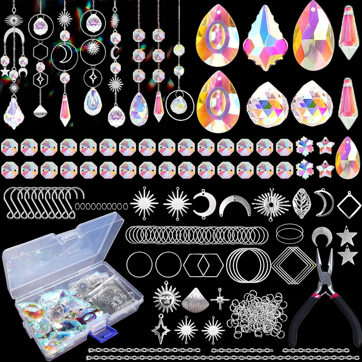 Luzoybo 240PCS DIY Sun Catchers Making Kit for Adults – Crystal Prism Suncatchers with Rainbow Beads and Hanging Decor (Silver)