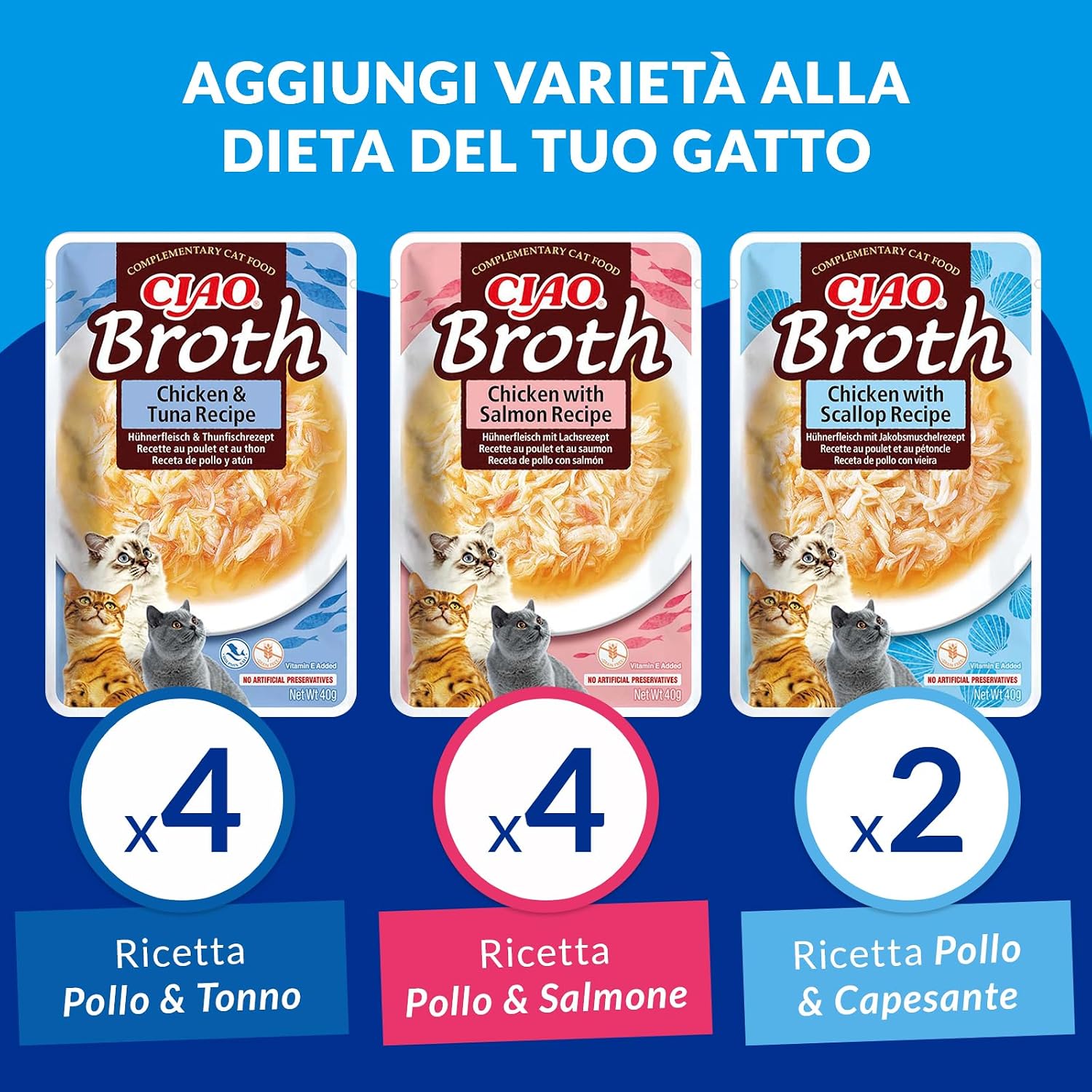 Detalle de INABA CIAO Brodo di Pollo per Gatti in 3 Gusti — 10 Buste x 40 g, Cibo Umido con Straccetti di Pollo, Tonno, Salmone e Capesante